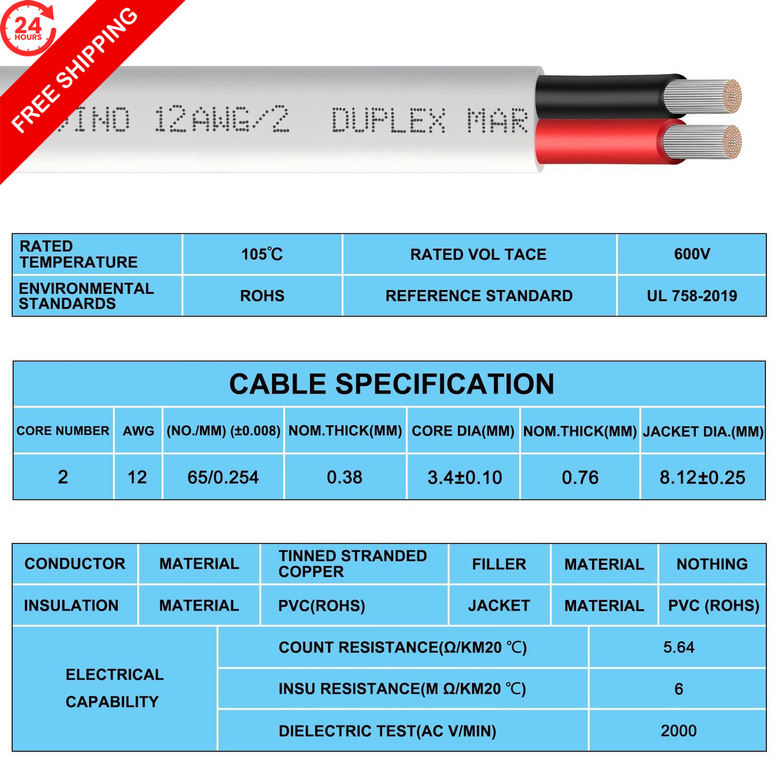 12 Gauge Marine Wire,12 AWG Duplex Grade Wire,30ft 12/2 30 ft, white