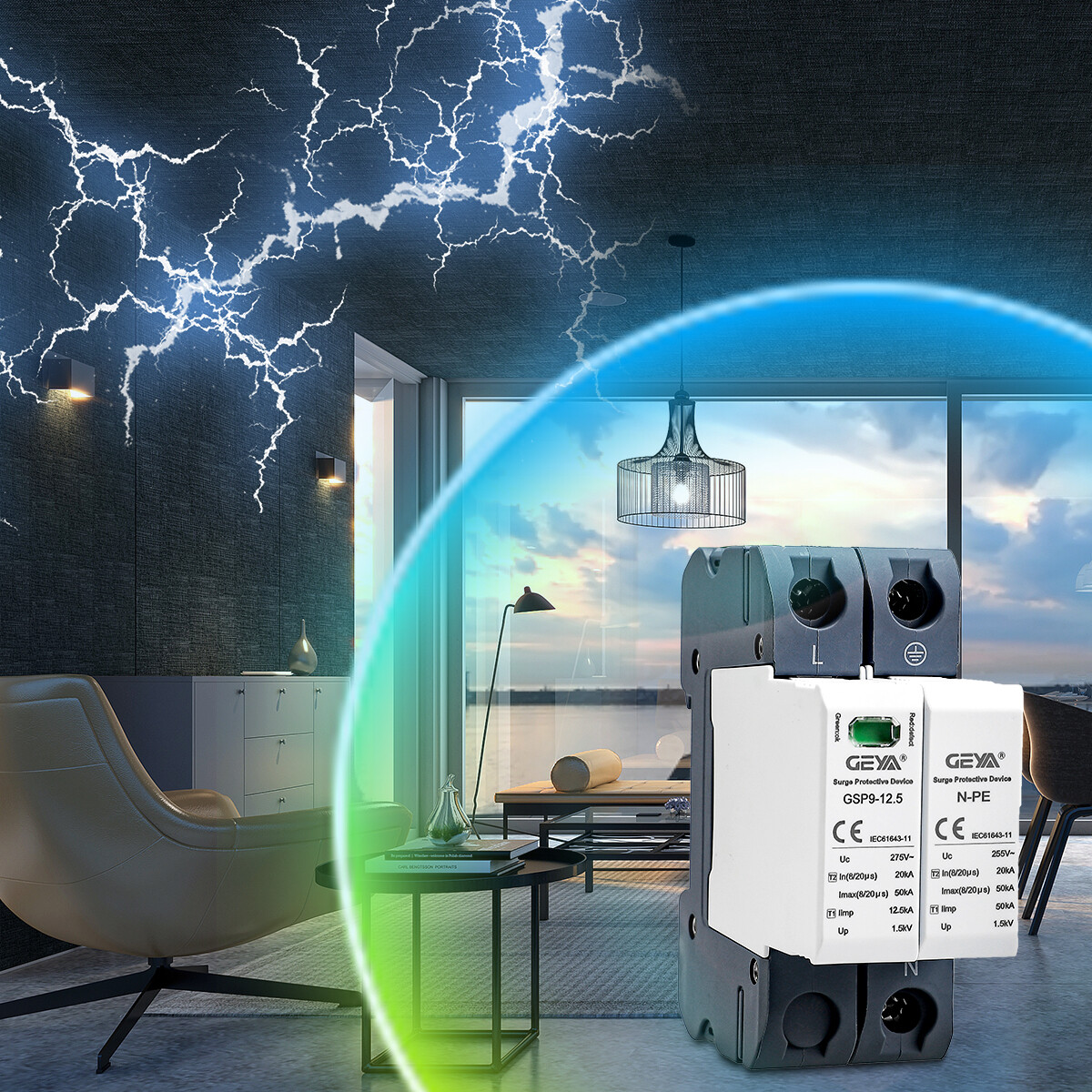 GEYA SPD 1P Lightning Surge Protective Arrester Device 20-40kA AC275/385/400/440