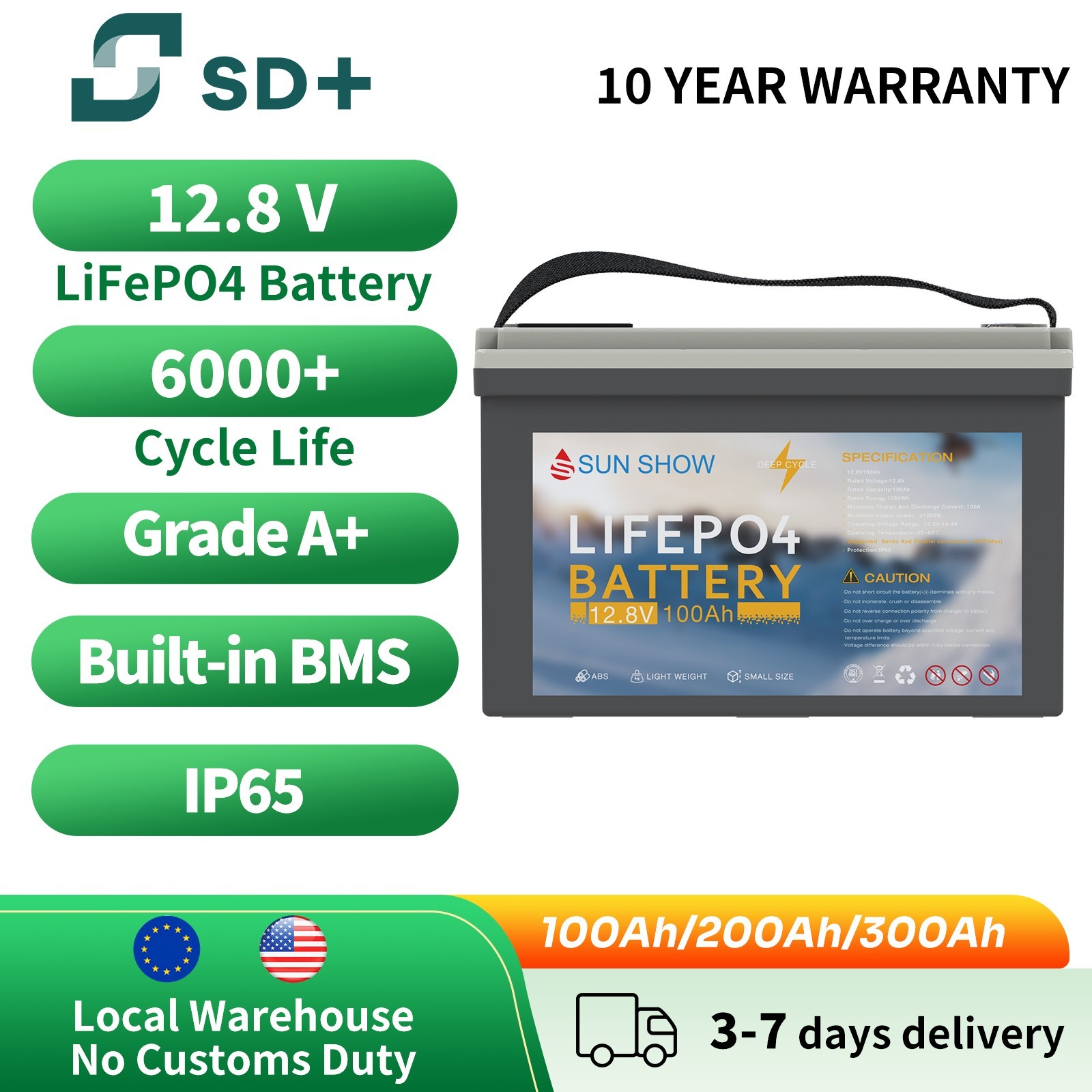 100AH LiFePO4 Lithium Battery IP65 W/ Bluetooth 200AH 300AH RV Solar SANDISOLAR