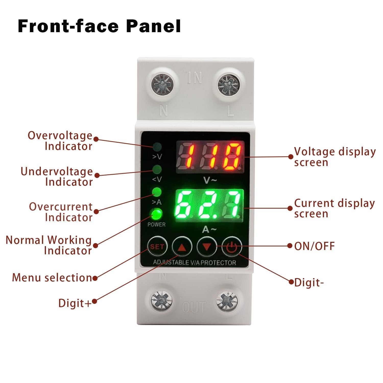 63A Smart Voltage Protector 110V 220V LCD Display Adjustable DIN Rail Mount