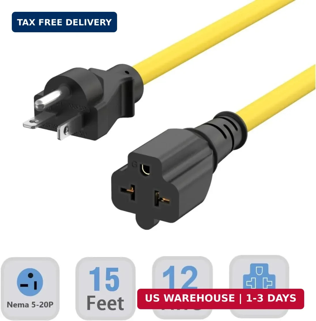 15-Ft 12AWG Nema 5-20P Extension Cord 20 Amp 125V Plug 5-20 Heavy Duty Extension