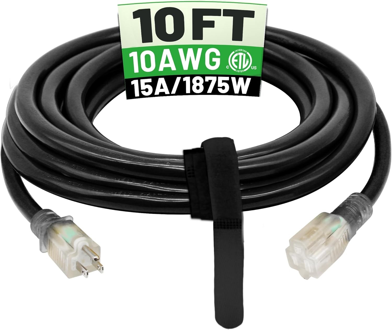 10 Ft 10/3 Black Outdoor Extension Cord Waterproof Heavy Duty 10 Gauge 3 Pron…