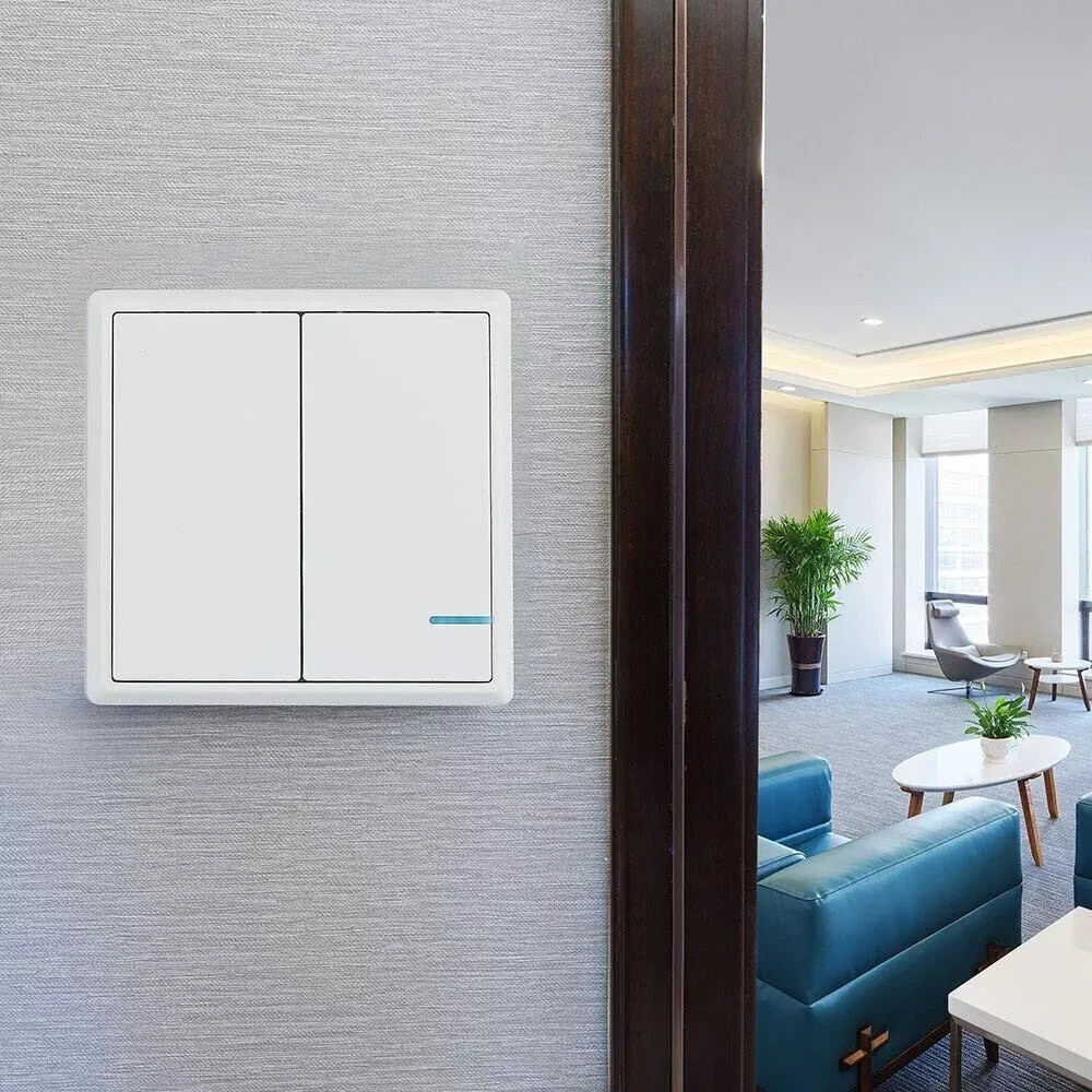 1x Wireless 2 Gang Smart Wall Switch, Dual Button Sensor, LED Light, White, IP54