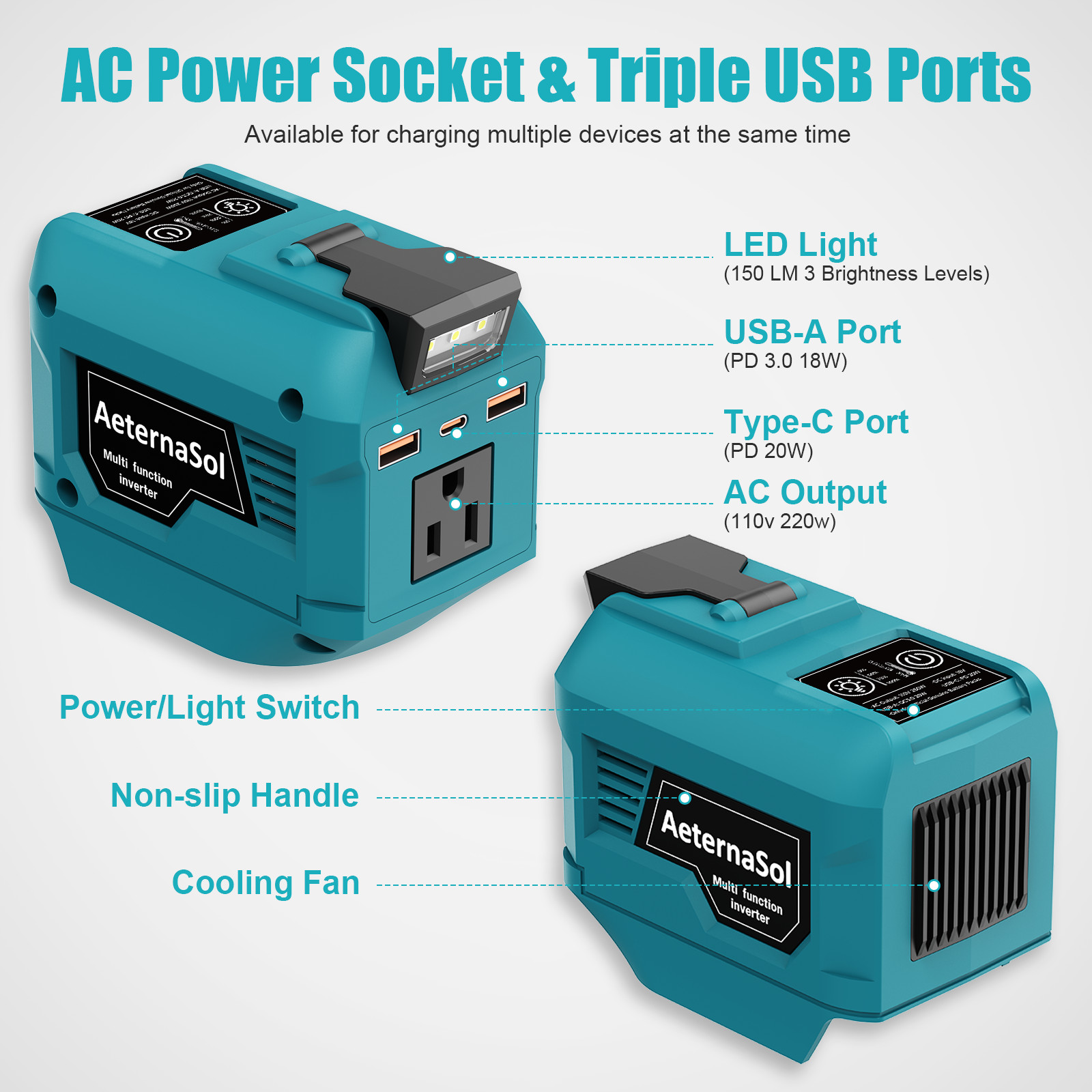 Makita 18-20V Battery For 250W Portable Power Inverter 110V AC 3 USB Outlet