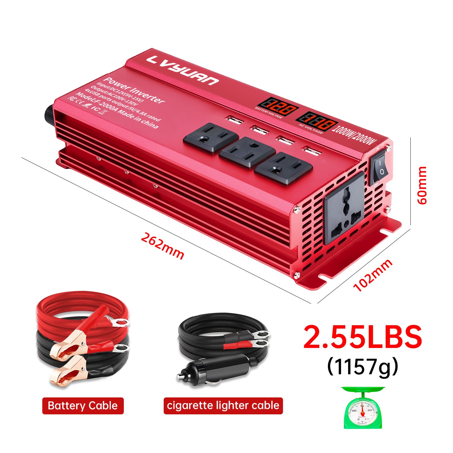 1000W 2000W Peak Car Power Inverter 12V DC to 110V AC Converter with LCD & 4 USB