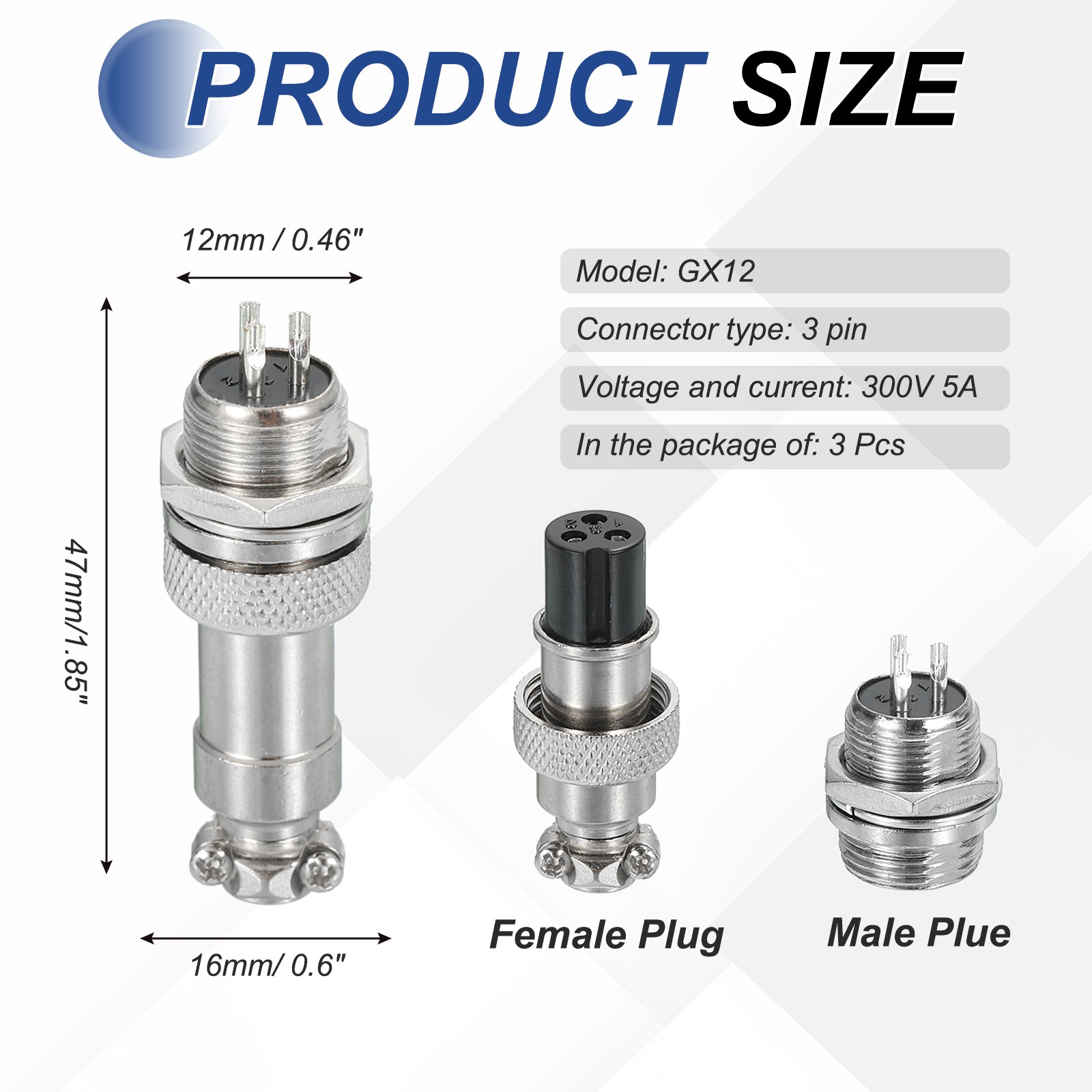 3Pcs 3 Pin Aviation Connector 125V 5A 16mm Metal Circular Connector, Silver