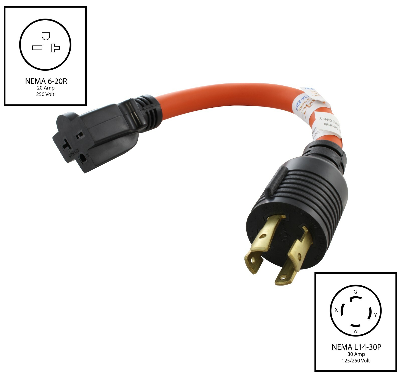 Flexible Generator/Power Tool Adapter NEMA L14-30P to NEMA 6-20R by AC WORKS®