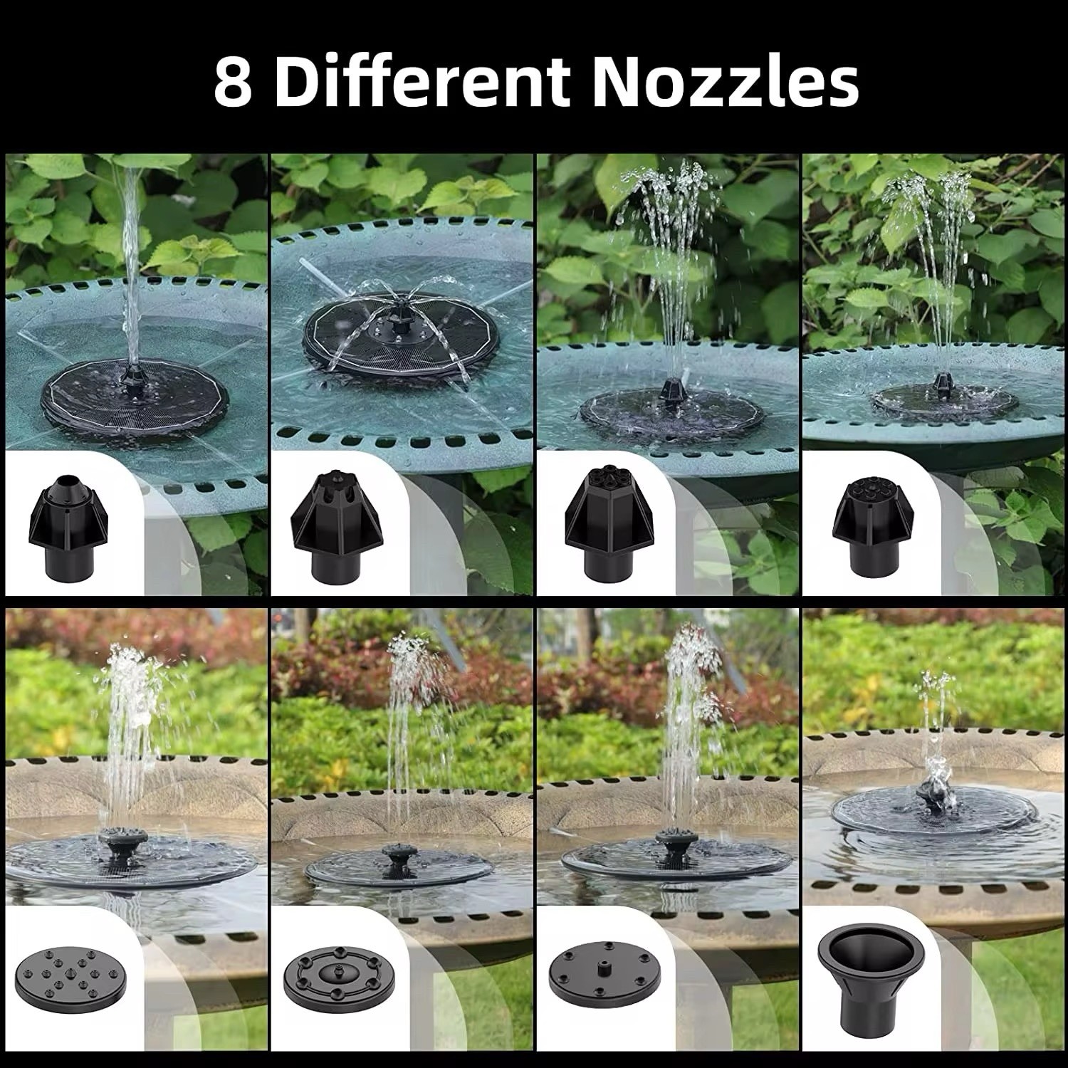 Solar Powered LED Fountain Pump, Rechargeable Battery, 8 Nozzles, 16cm