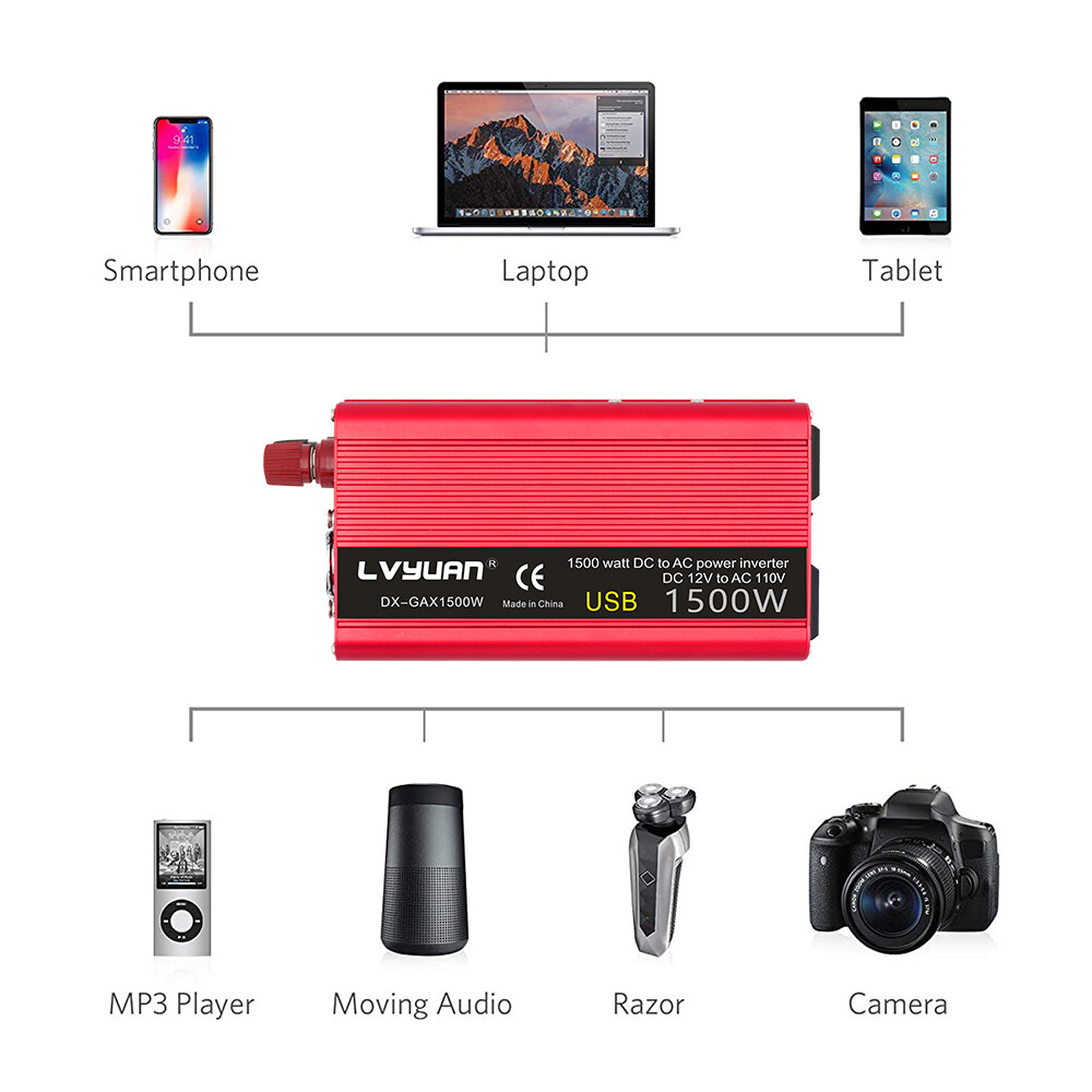 600W 1500W Power Inverter 12V DC to 110V AC Car Converter with 3.1A USB Port Red