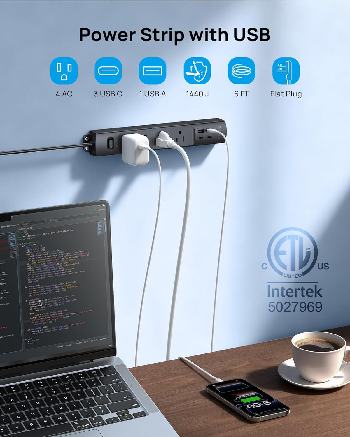 Flat Plug Power Strip with USB Ports, 6Ft Cord, 1440 Joules, ETL Listed