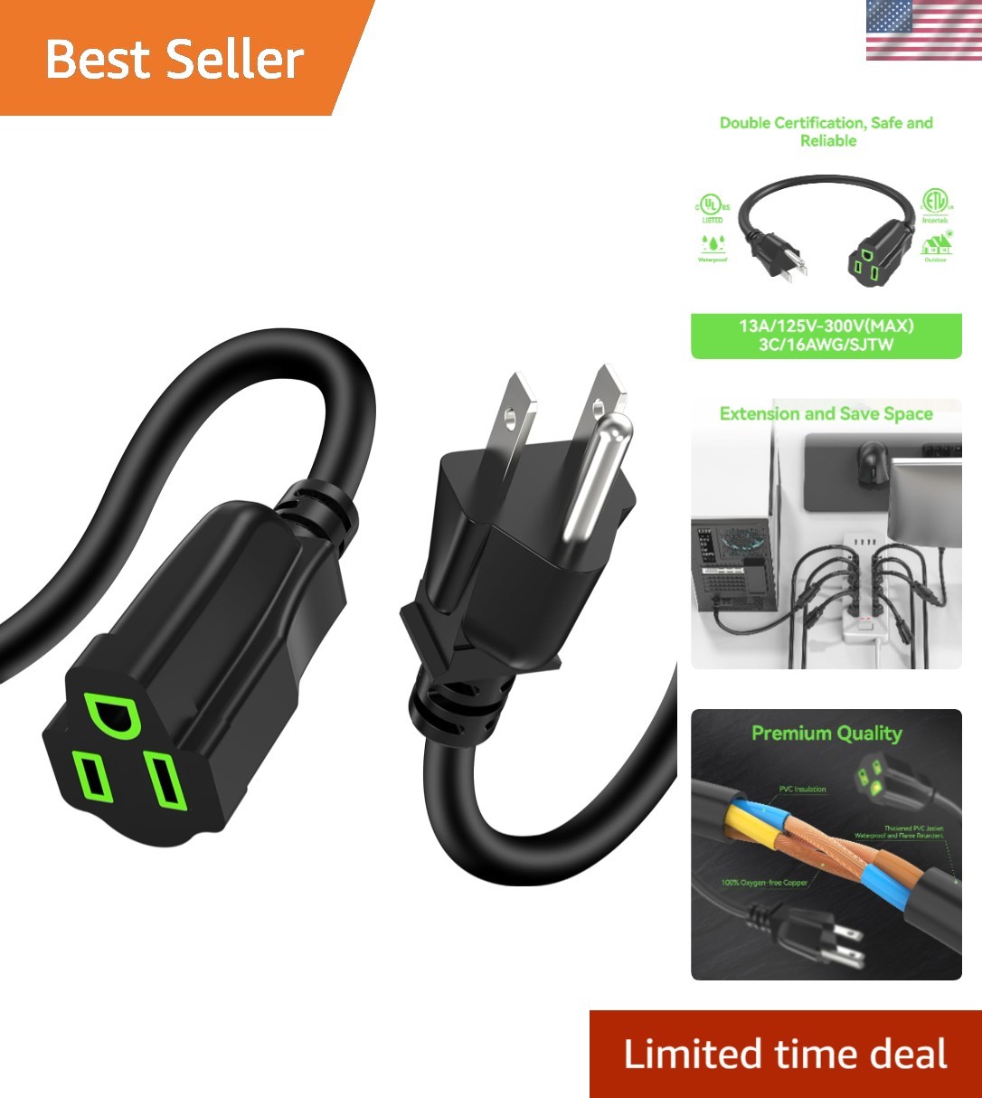 5FT SJTW Extension Cord | Ultra-Durable, Indoor/Outdoor, Waterproof Power Wire