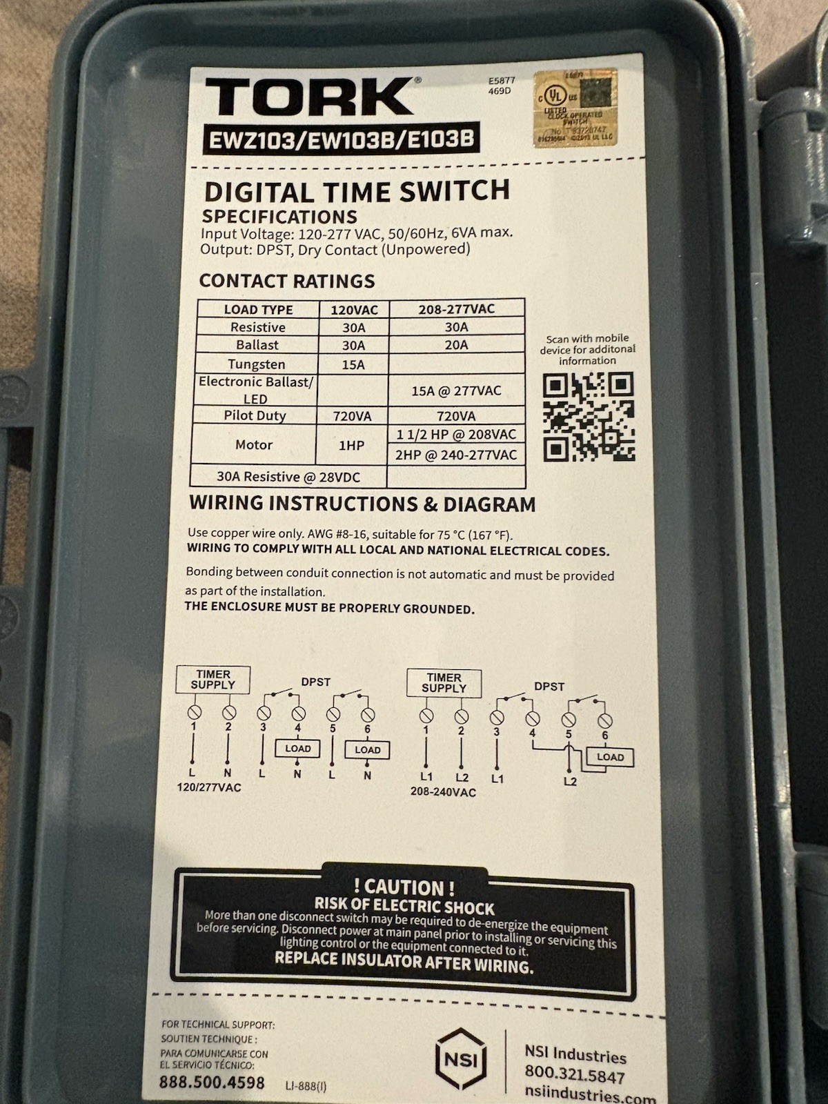 NSI Tork E103B Digital Timer Switch Multi-Voltage 120/277 DPST Contacts