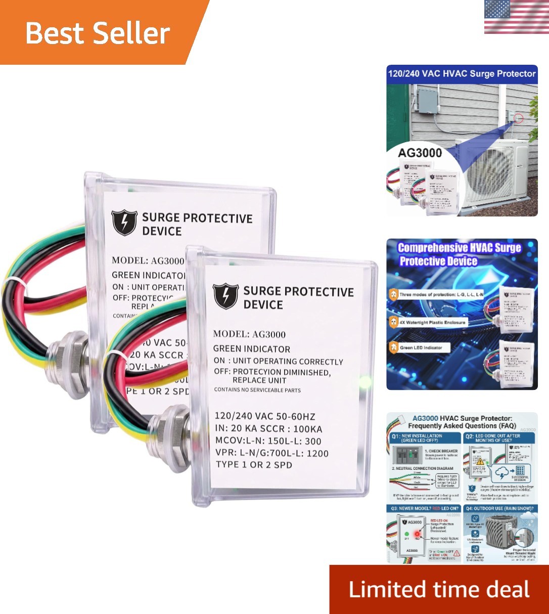 2-Pc AG3000 HVAC Surge Protector – 3-Mode Protection for Appliances & Systems