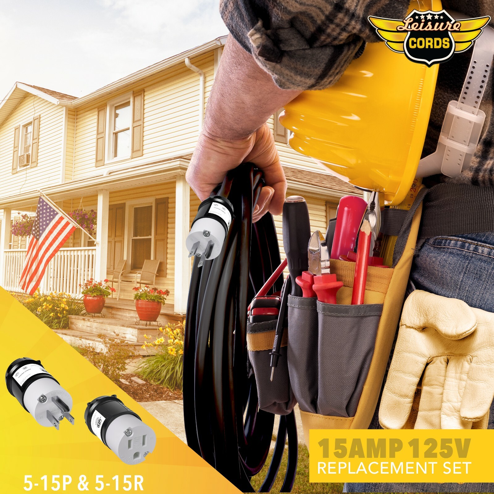 15 AMP Extension Cord Replacement Male and Female Ends 5-15P 5-15R 5 PACK EACH