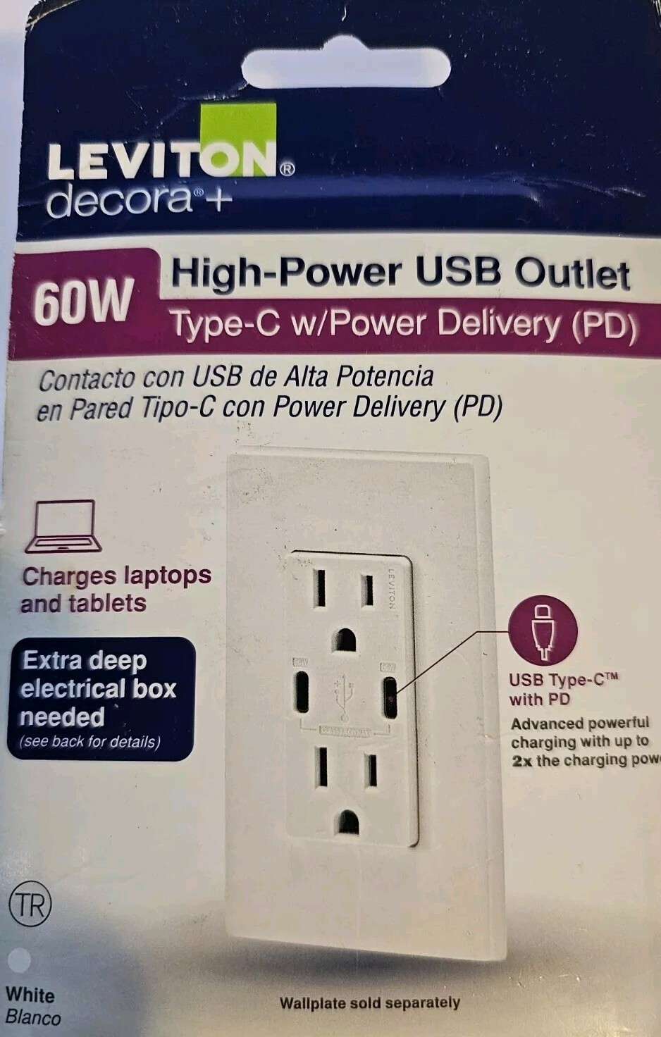 Leviton Decora 15 Amp Tamper Resistant Duplex Outlet with 60W USB-C Power Delive