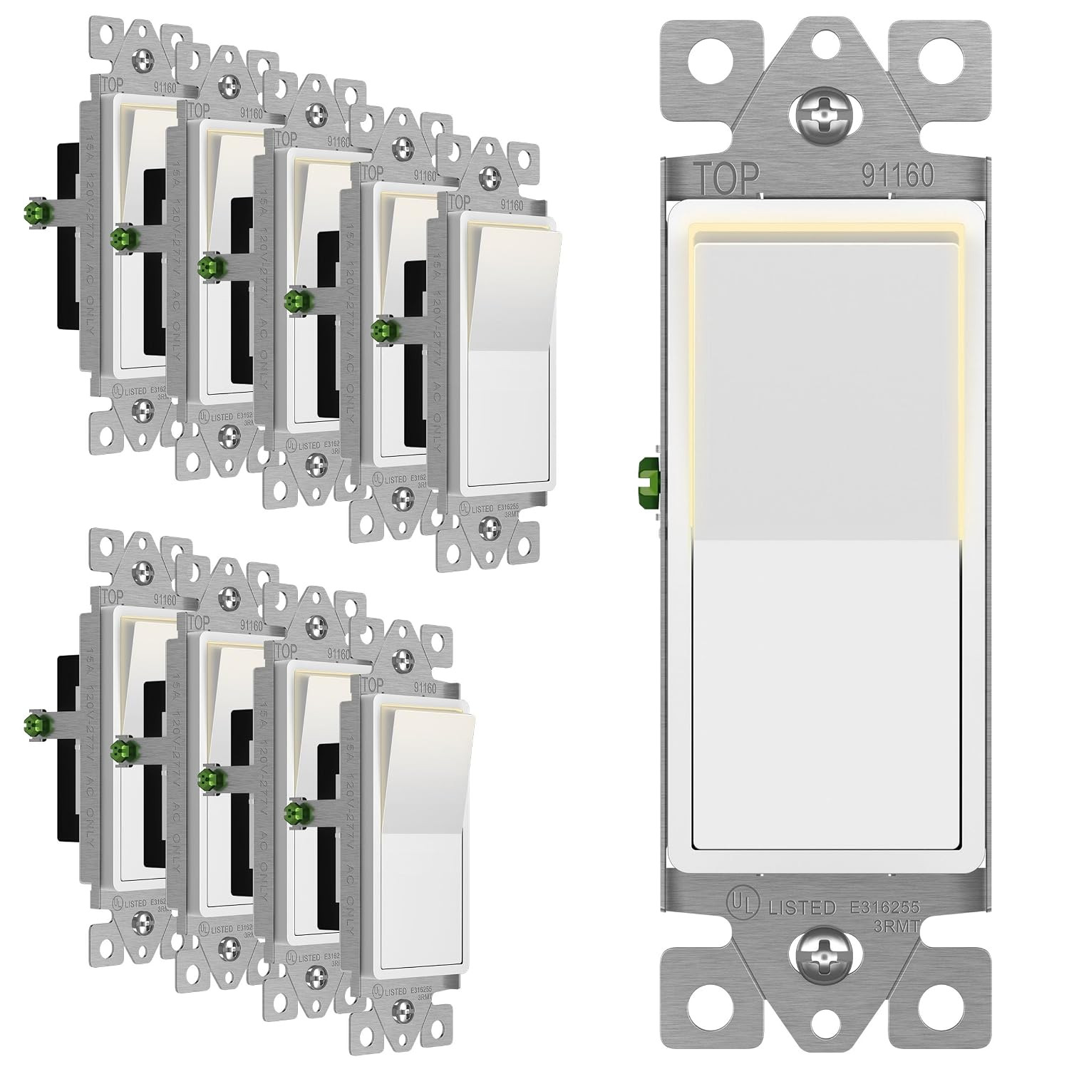 Illuminated 3-Way Decorator Paddle Light Switch, Three Way, Push-In Side Wiring,