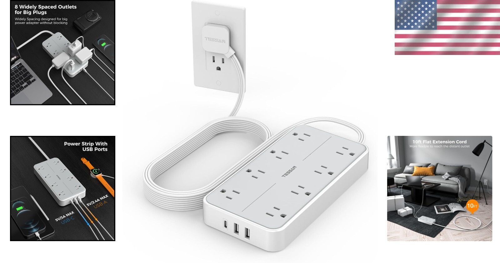 Multi-Port Charging Station 10FT Extension Cord with 8 Outlets & USB Ports