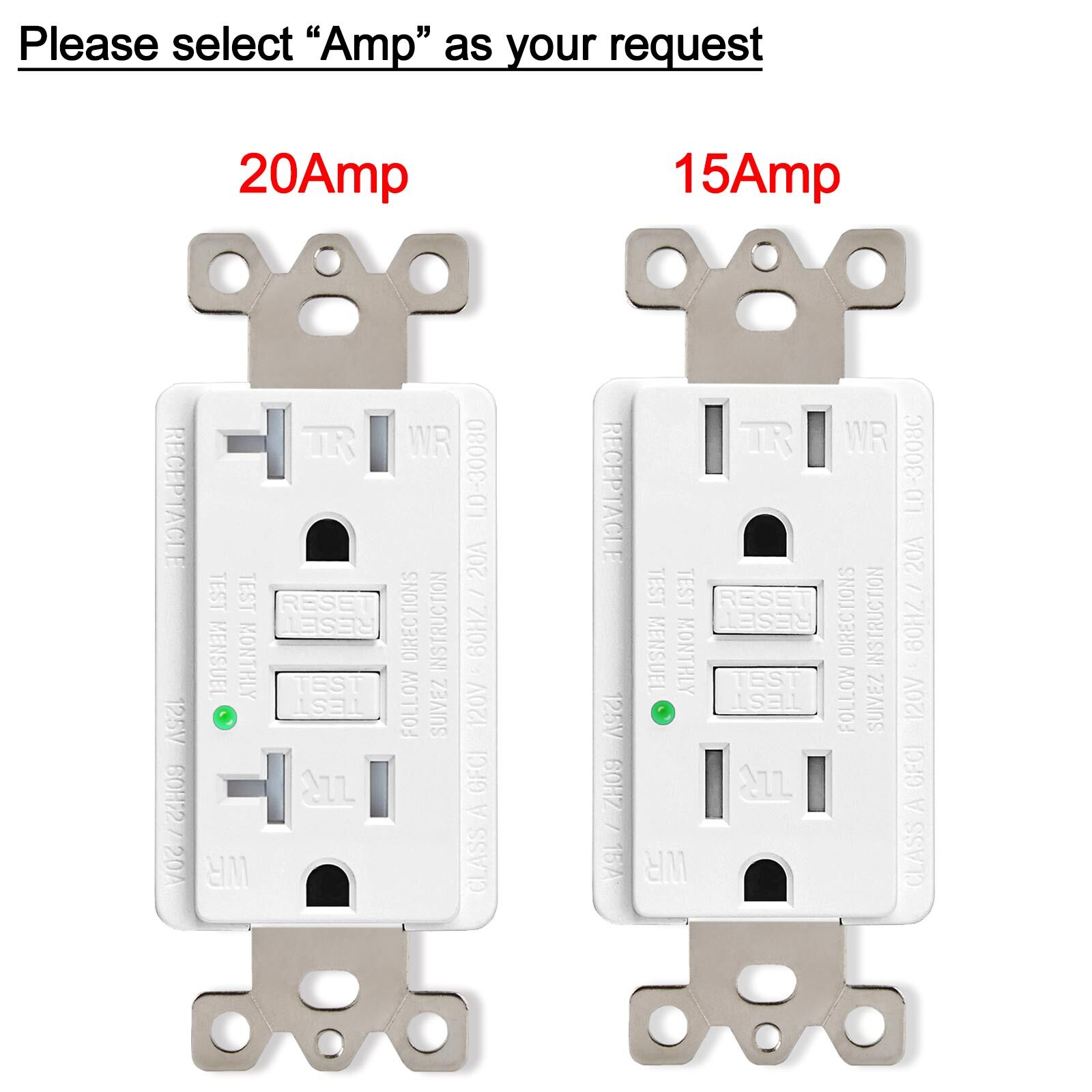 20A/15A 125V GFCI Outlet Tamper Weather Resistant Wall Receptacle With LED light