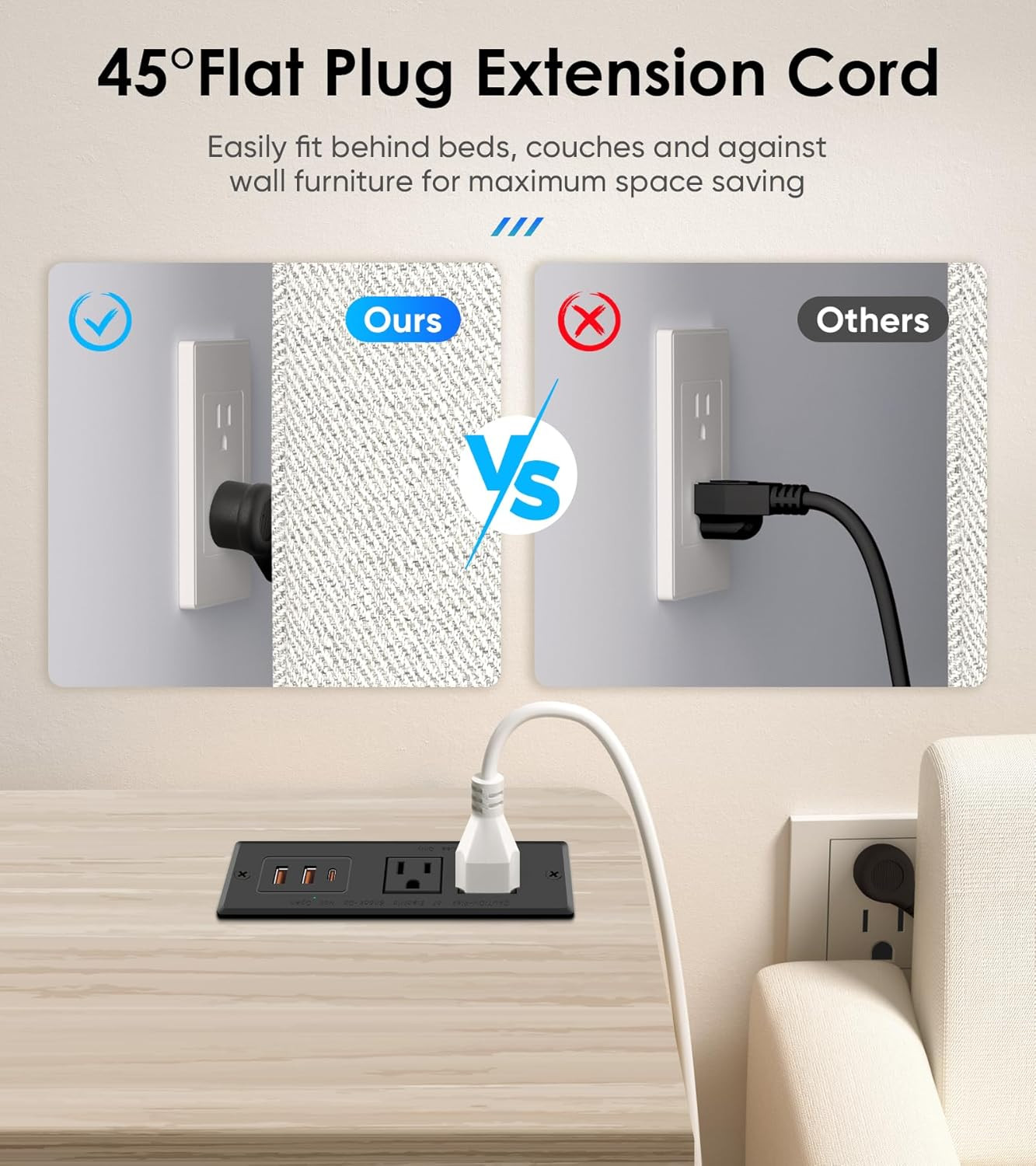 Recessed Power Strip, Flush Mounted Drawer Outlet with PD 20W Fast Charging USB-