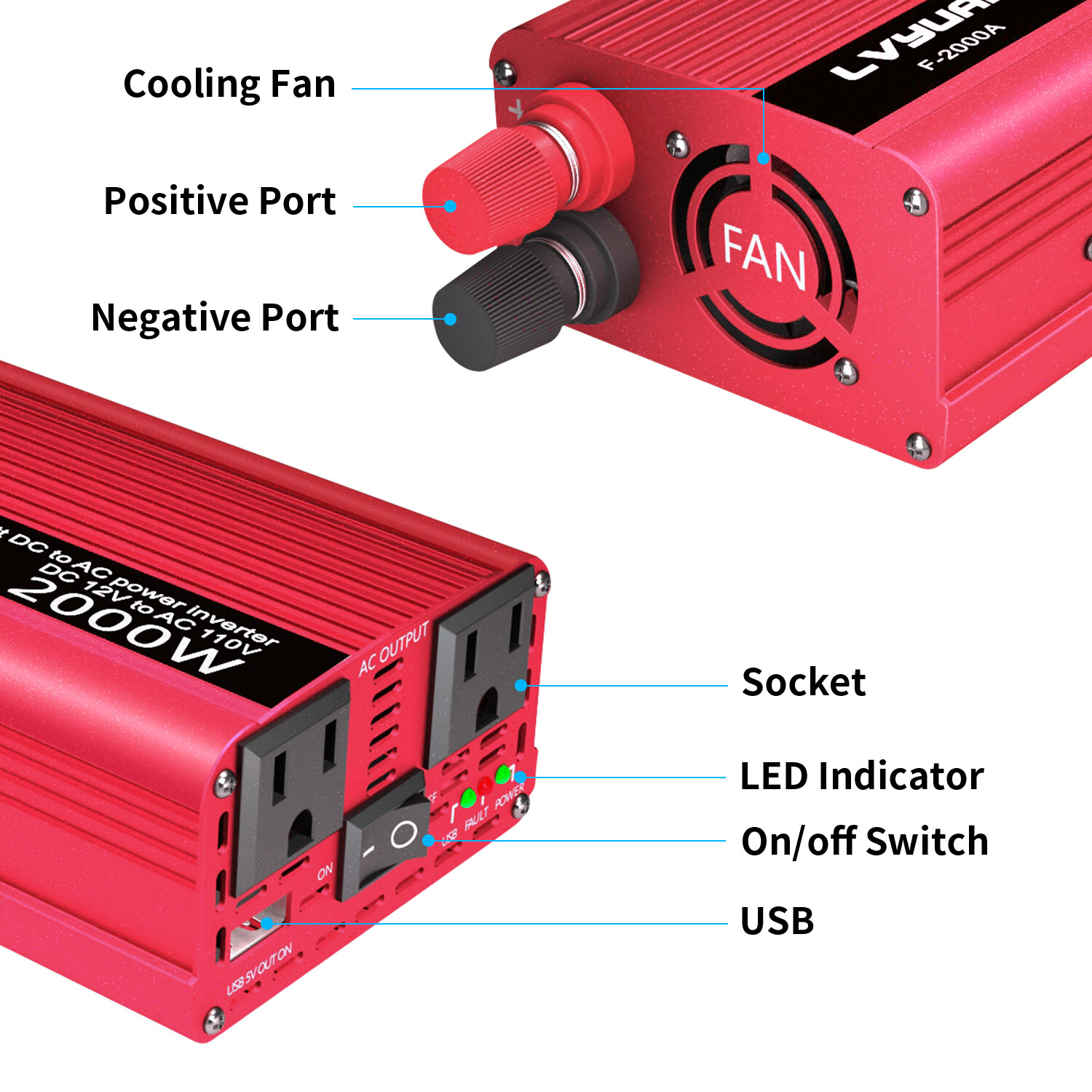 1000W / 2000W Peak Power Inverter 12V DC to 110V AC Converter with Battery Clamp