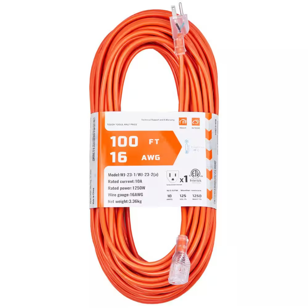100 Ft. Extension Cord, 16AWG 10 Amp 125-Volts 1250W, 3 Prongs Appliance Generat