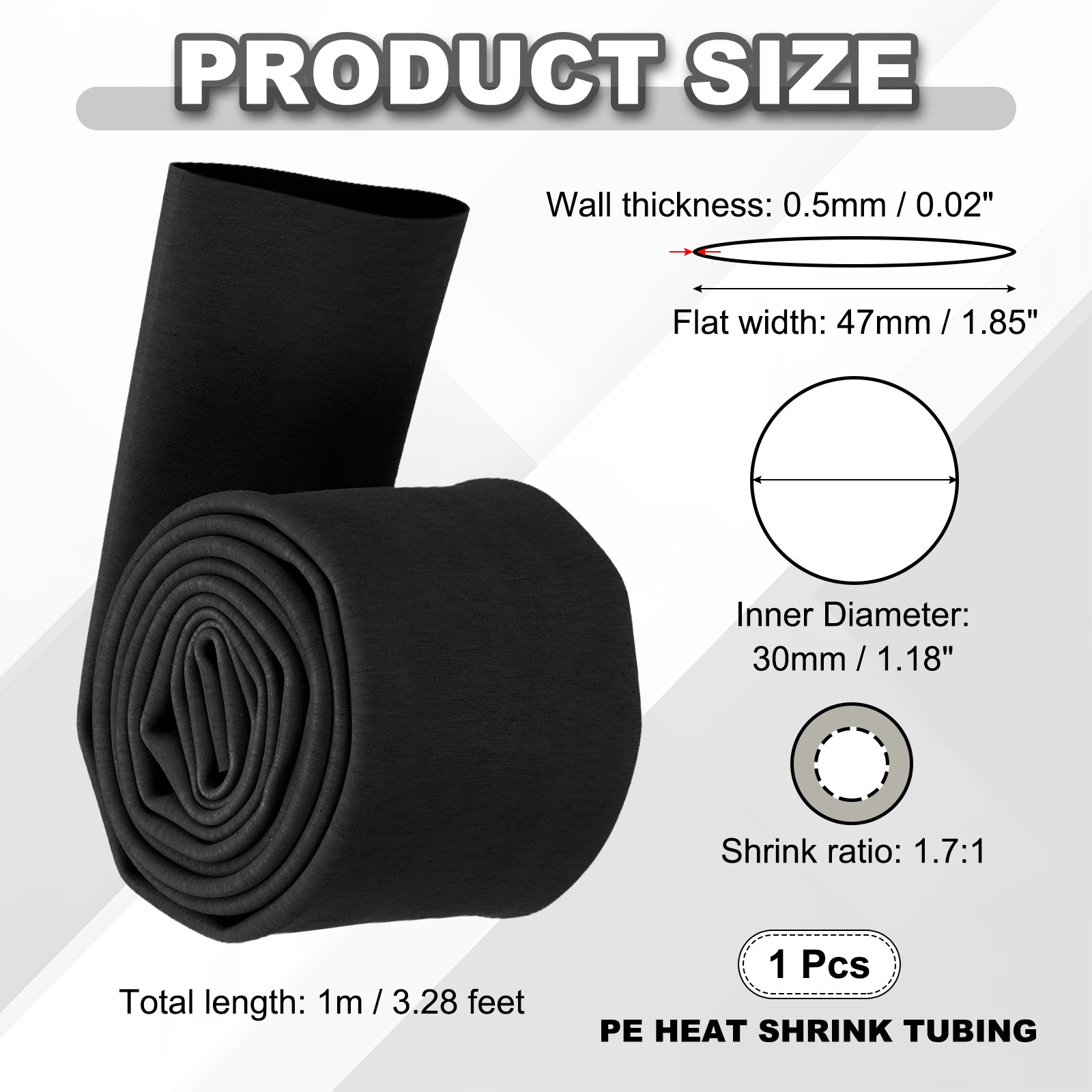 1 Pack of Heat Shrink Tubing, L3.28 Feet Inner Dia 30mm 1.7:1, Black Frosted
