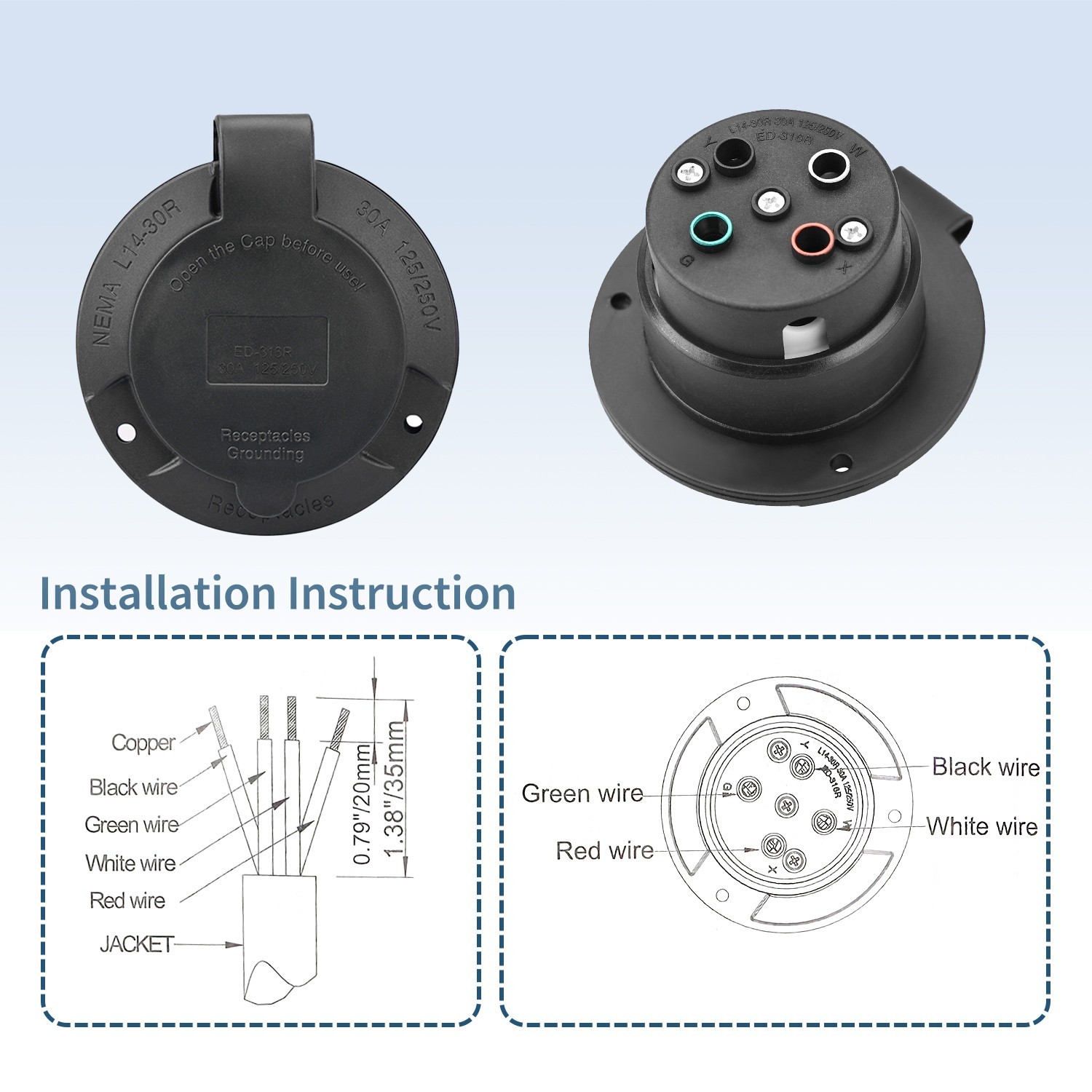 L14-30R 125/250V Receptacle Generator Plug 30A Flanged Inlet w Waterproof Cover