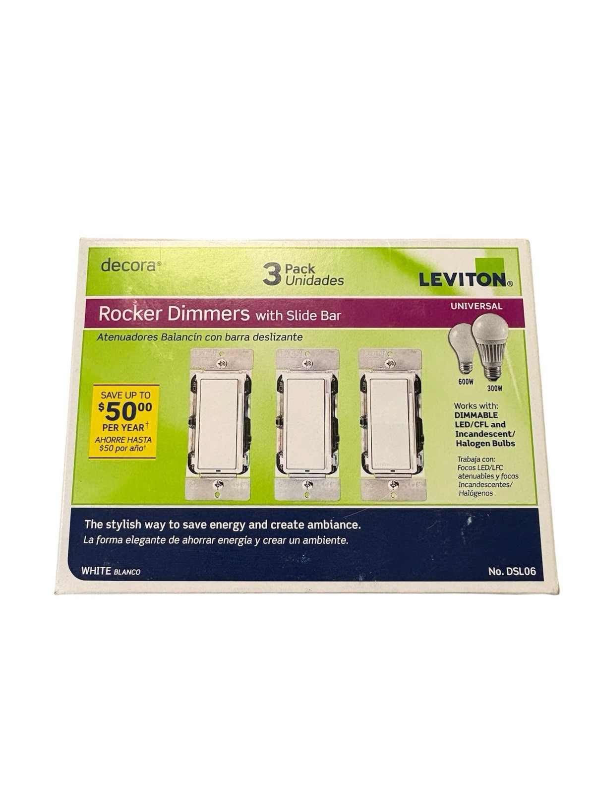 NEW Leviton DSL06-3PW Decora Universal Rocker Slide Dimmer White (3-Pack)