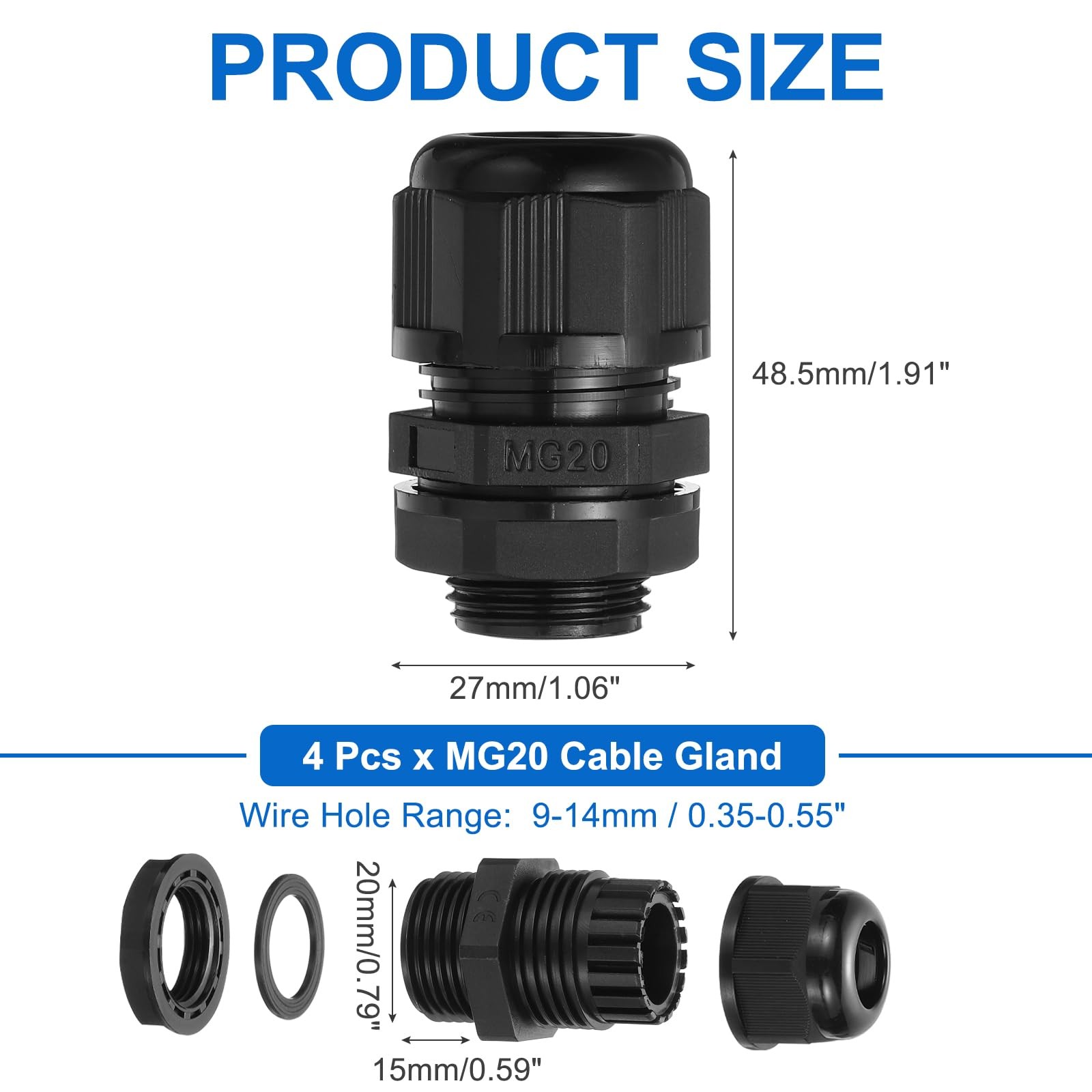 MECCANIXITY 4 Pcs M20 Cable Gland, 9-14mm Wire Hole Waterproof M20;
