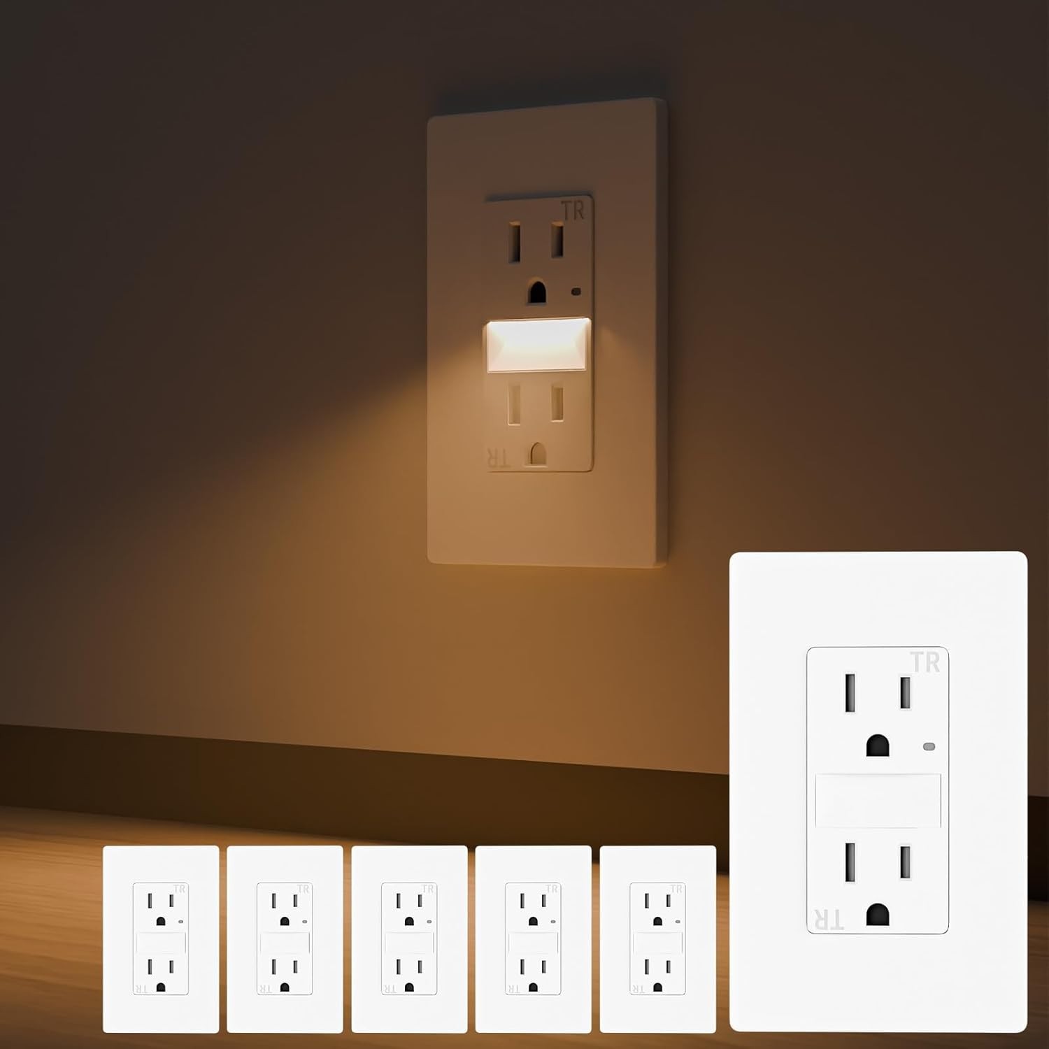 6Pack 15AMP Wall Outlet with Nightlight, Dusk to Dawn, 3000K Warm LED ETL Listed