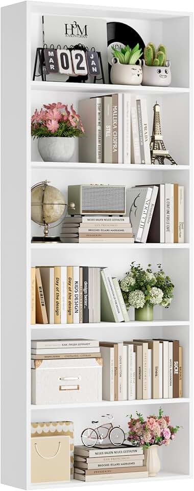 FOTOSOK 6 Tier Tall Bookshelf and Bookcase with Open Display Shelves, White…