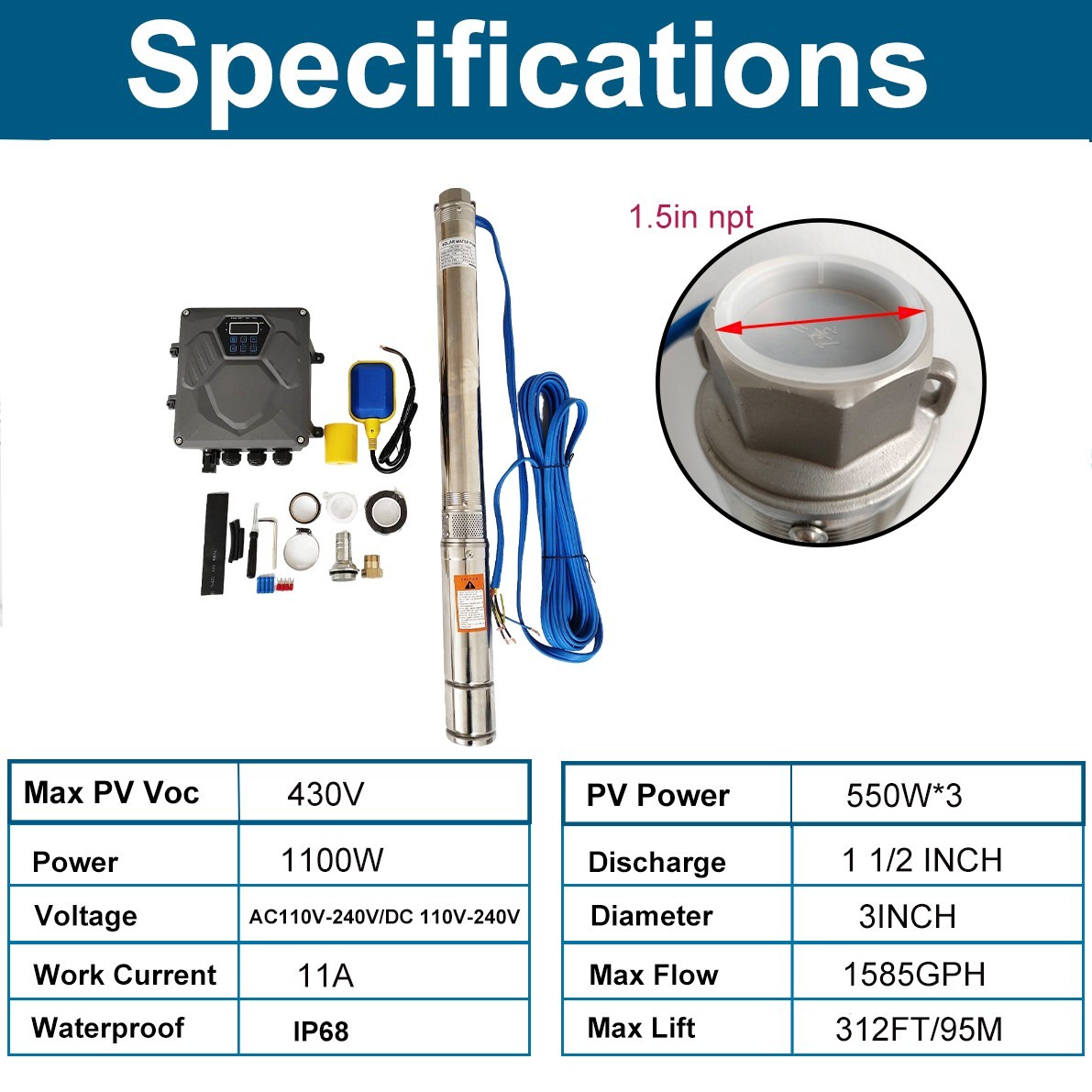 1 HP Deep Well Submersible Pump, 4″ , 115V, 37 GPM, 207 ft ,Stainless Steel US