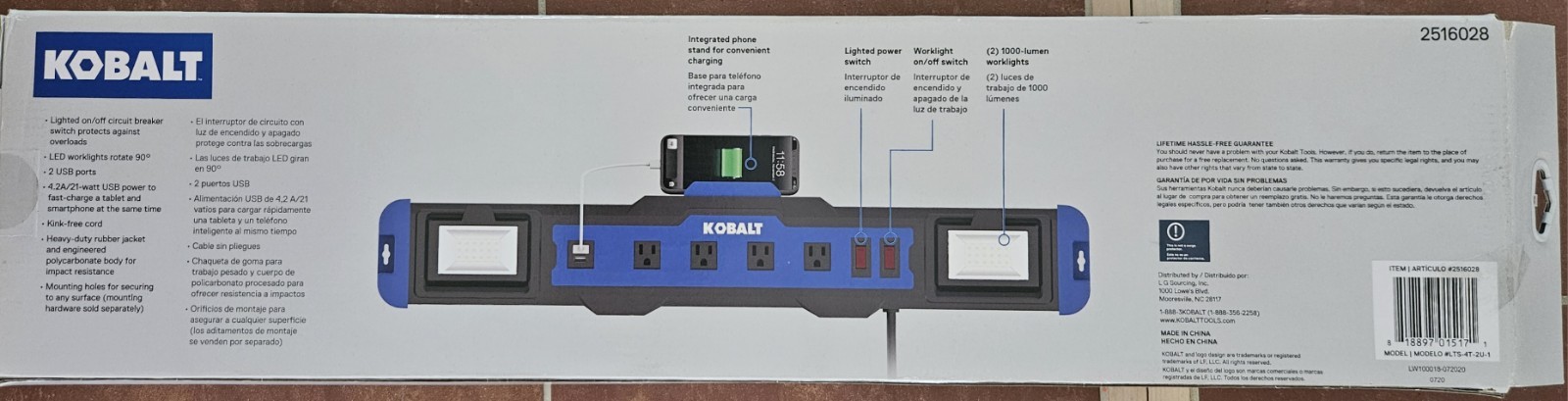 Kobalt 6′ 4 Outlet 2-USB Ports 2LED Lights Indoor Power Strip, LTS-4T-2U-1, NEW