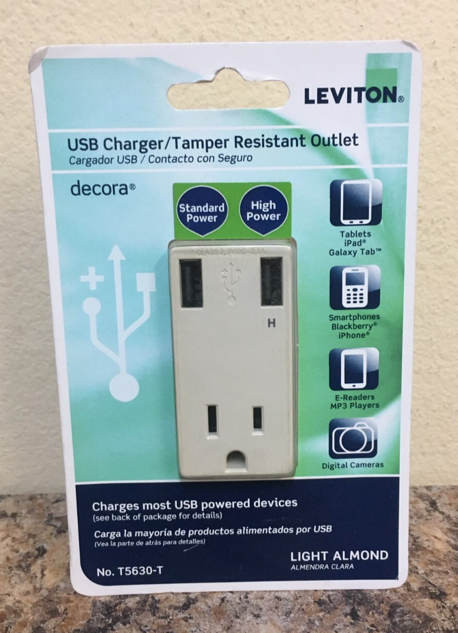 Leviton T5630-T USB Charger/Tamper Resistant Outlet 2.1 Amps 125 Volts