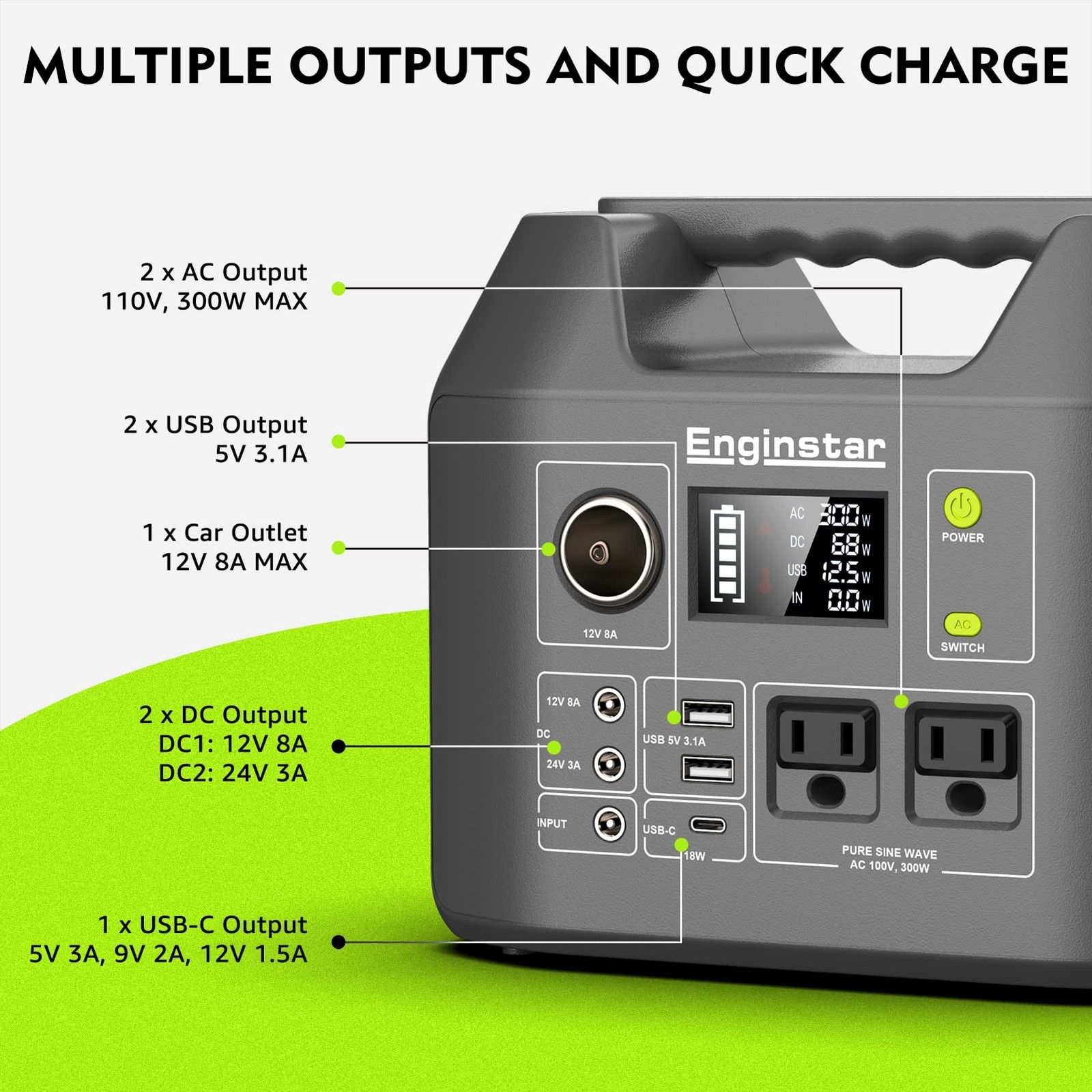 EnginStar Portable Power Station 300W, 296Wh Battery Pack with 110V Pure Sine…