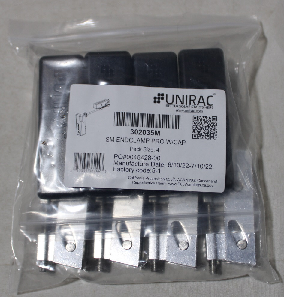 Unirac 302035M Pro Series Small End Clamp with End Cap – 1 pack of 4 pcs