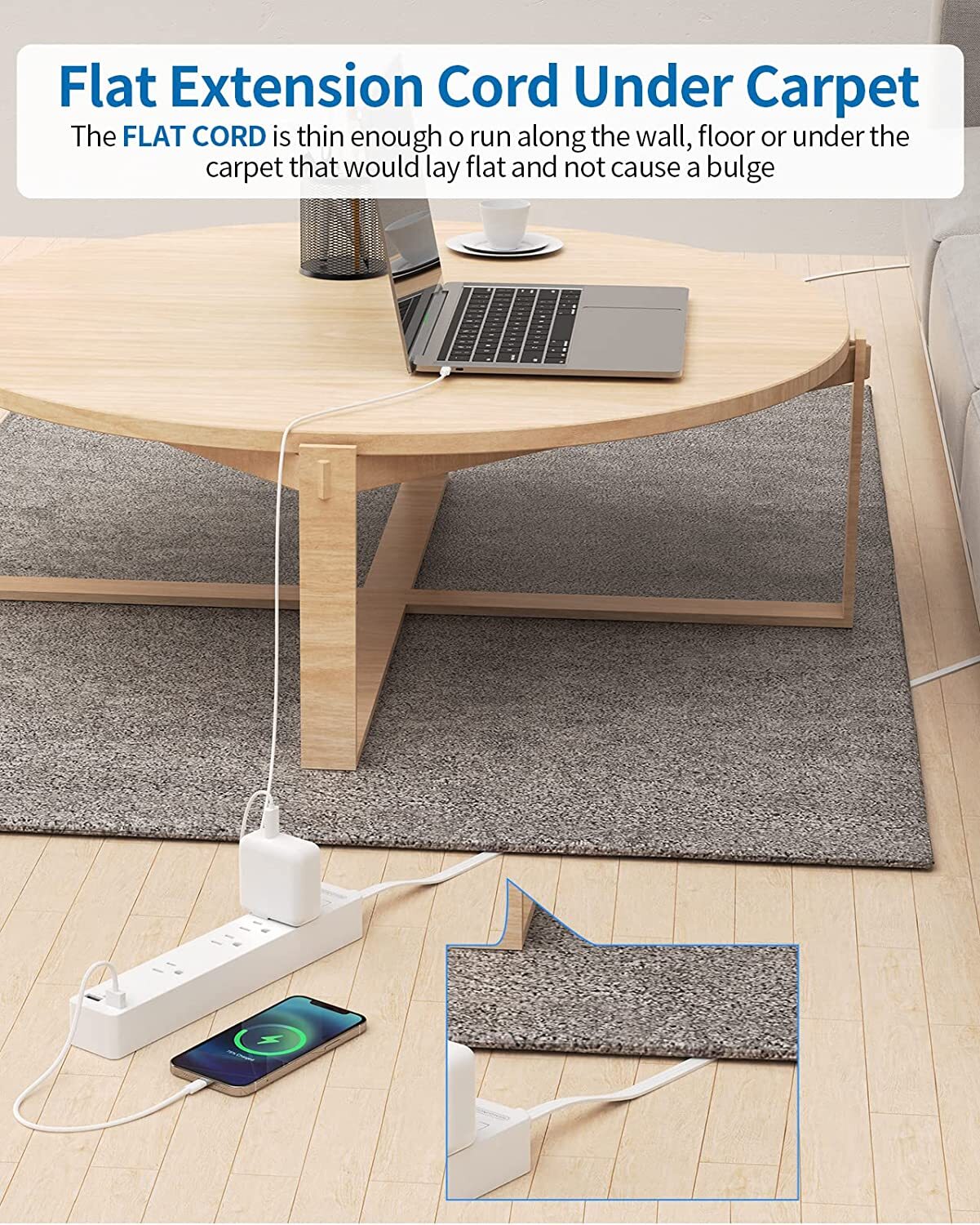 Wall Mount Power Strip Flat Plug 4 AC Outlets 2 USB 15 ft Long Extension Cord