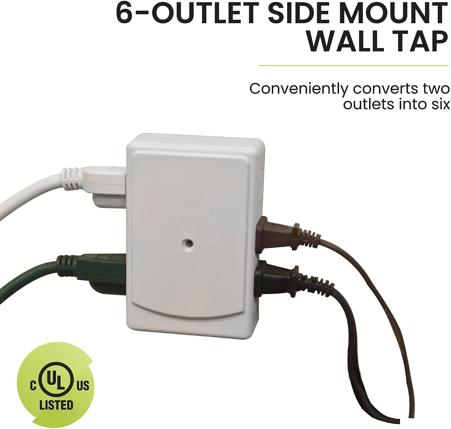 6-Outlet Side Mount Wall Tap Adapter, White – Unique Space-Saving Design, Heavy