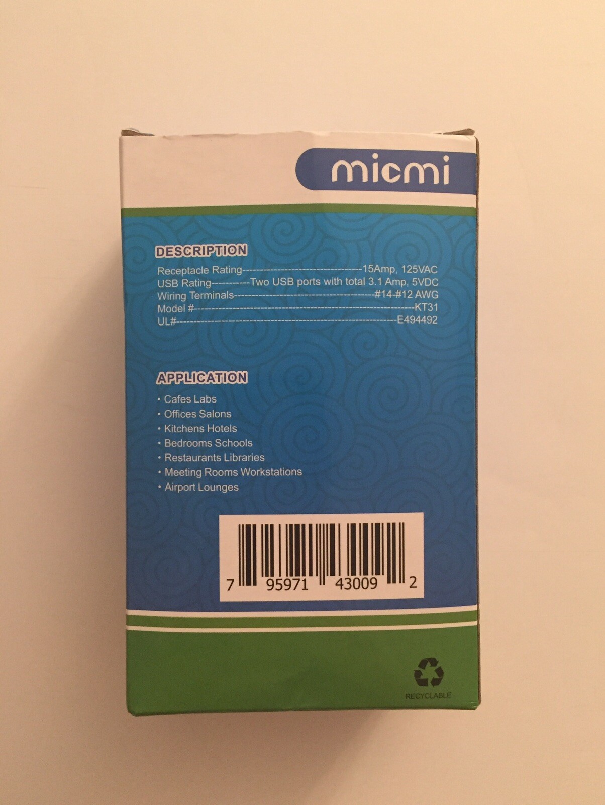 Micmi 3.1A Duplex USB Charger 15A Tamper Resistant Receptacle Wall Outlet – New