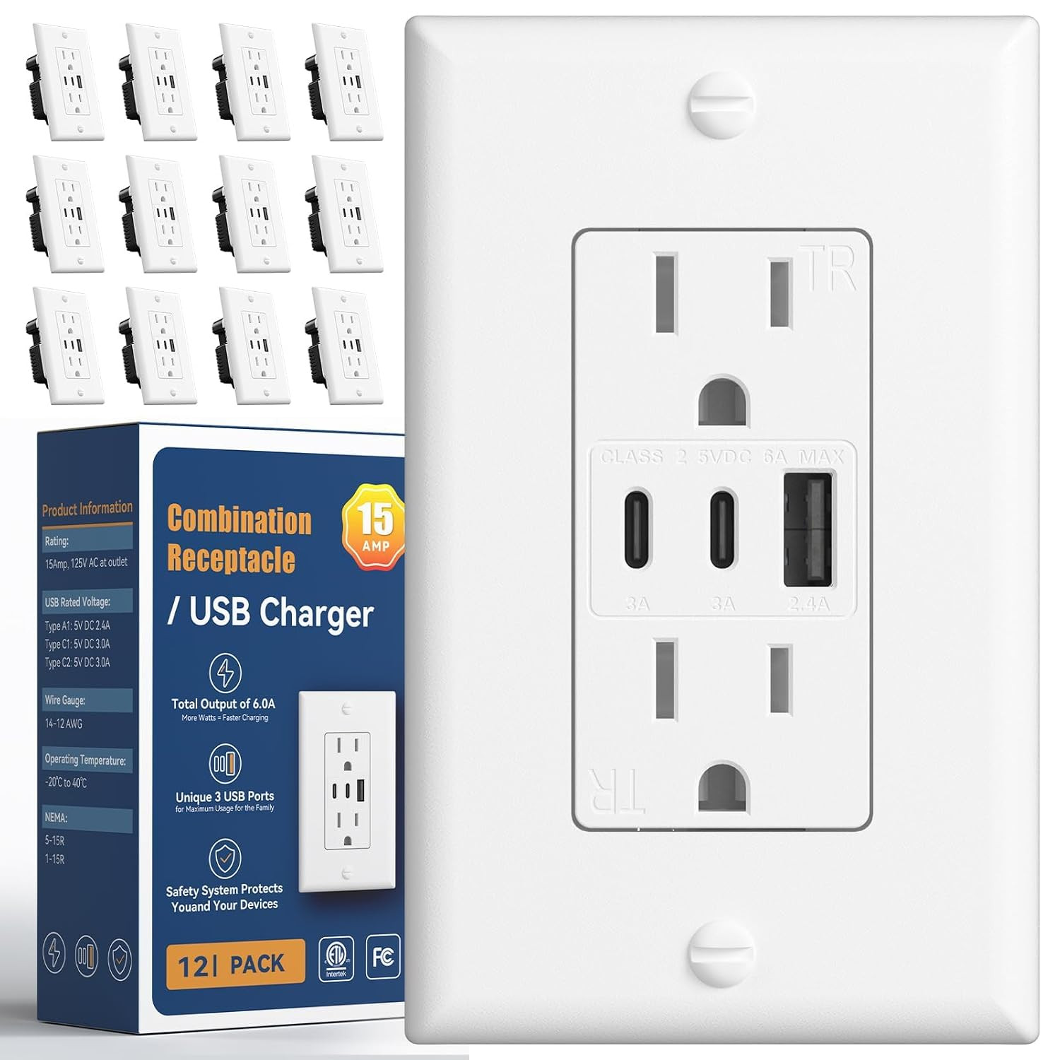 6.0A USB Outlet 12 Pack, 3-Port 30W Wall Outlets with 2 Type C & 1 Type A, 15 Am