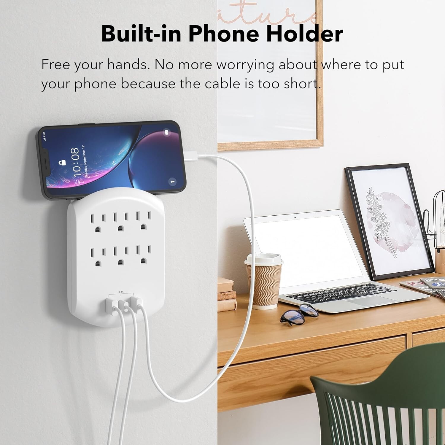 BN-LINK Multi Plug Outlet, USB Wall Charger with 6 Outlets, 3 USB Charging Ports