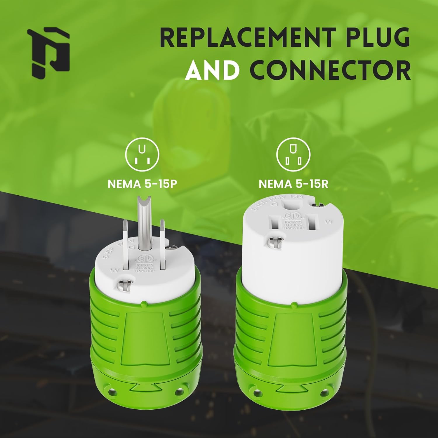 Extension Cord Ends Male and Female, Replacement Plug & Connector Set, 3 Prong,