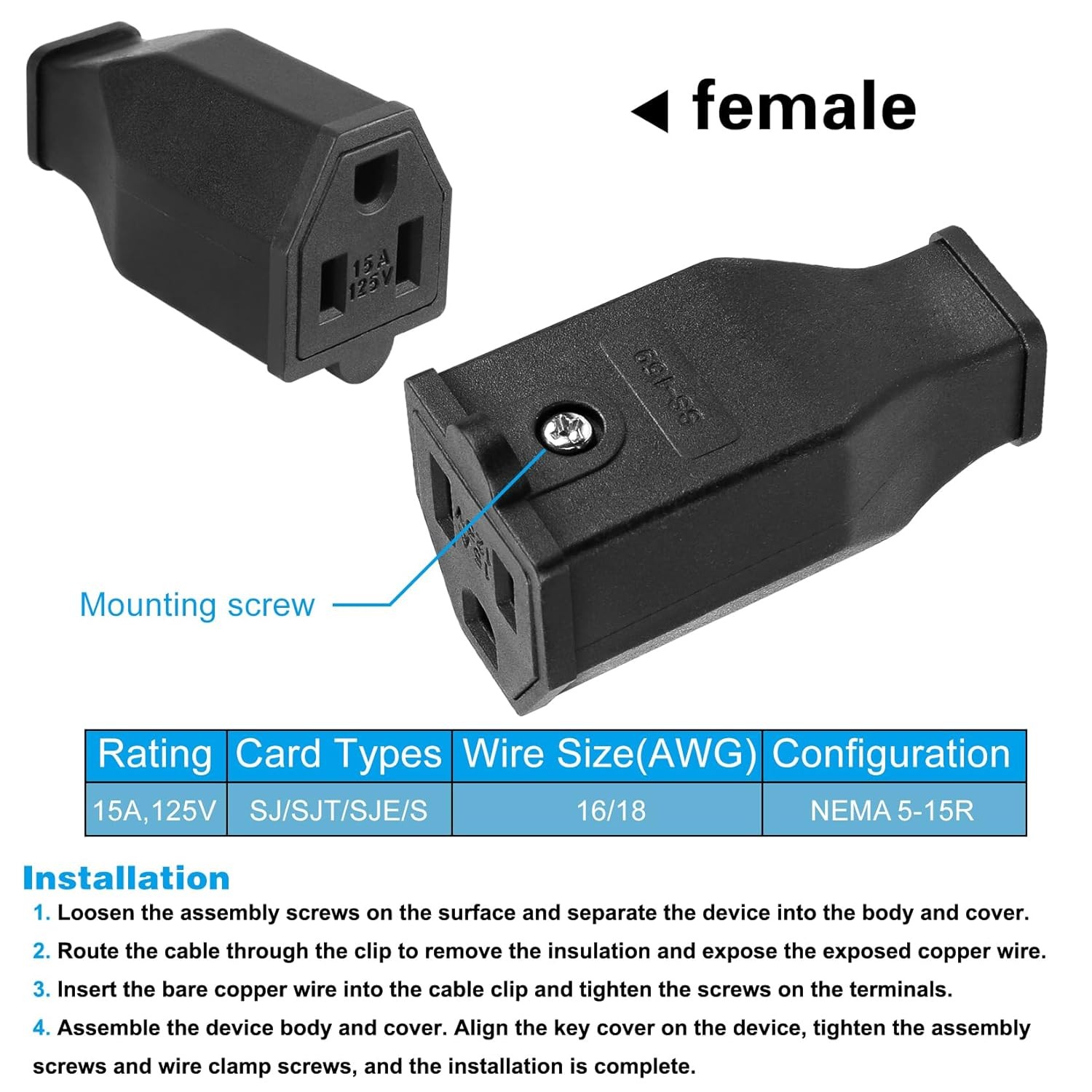 2-Pole, 3 Wire Grounding Plug Female Extension Cord Straight Blade Plug Replacem
