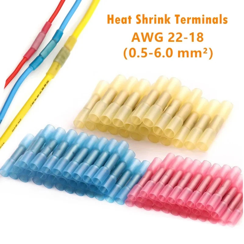 100pcs/lot Red Blue Yellow 3 Sizes Heat Shrink Butt Crimp Terminals Insulated El