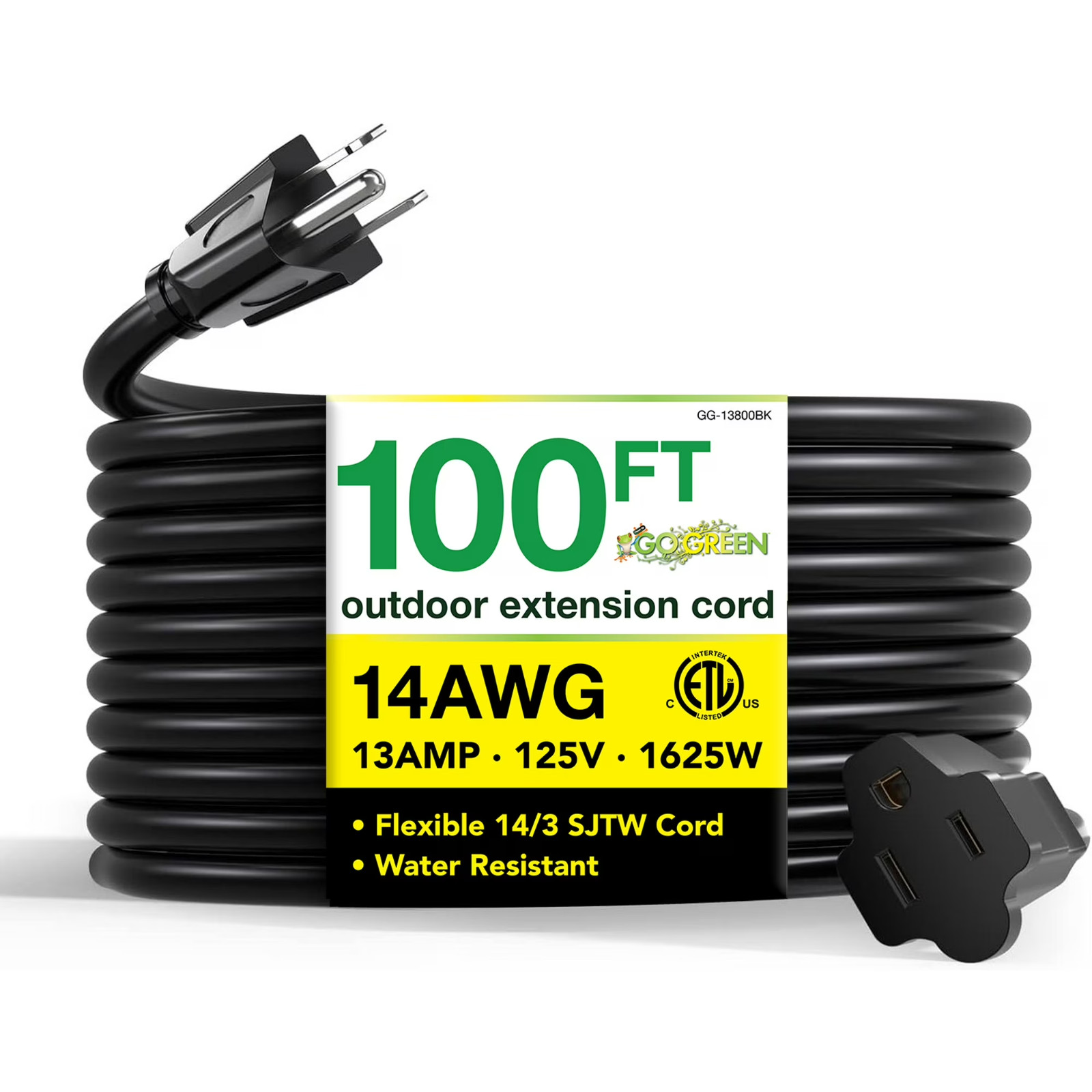 GoGreen Power (GG-13800BK) 14/3 100’ SJTW Outdoor Extension Cord, Black, 100 Ft
