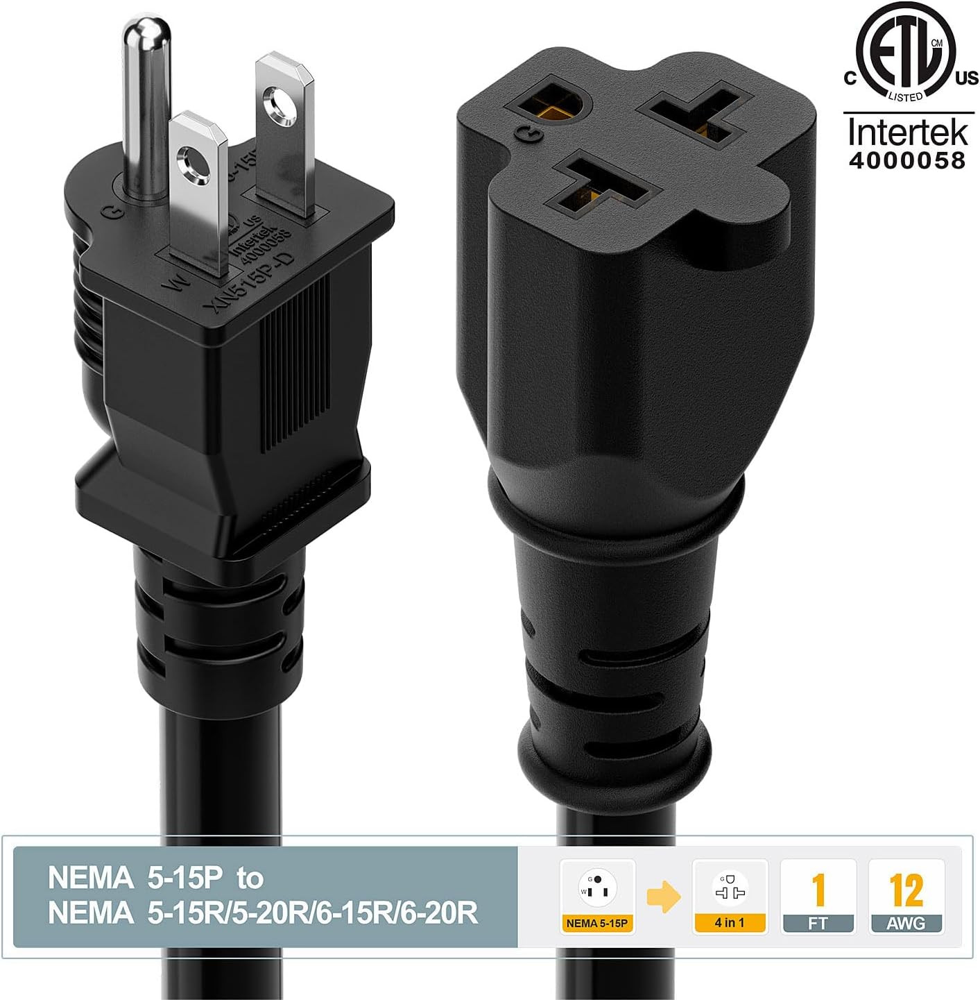 IFT Nema 5-15P Male to 5-20R,[4-In-1] 15 Amp Household AC Plug to 20 Amp T Blade