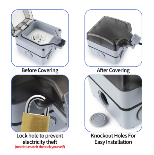 GTRIC IP66 Waterproof Outdoor Electrical Socket w/ Switch 250V AC