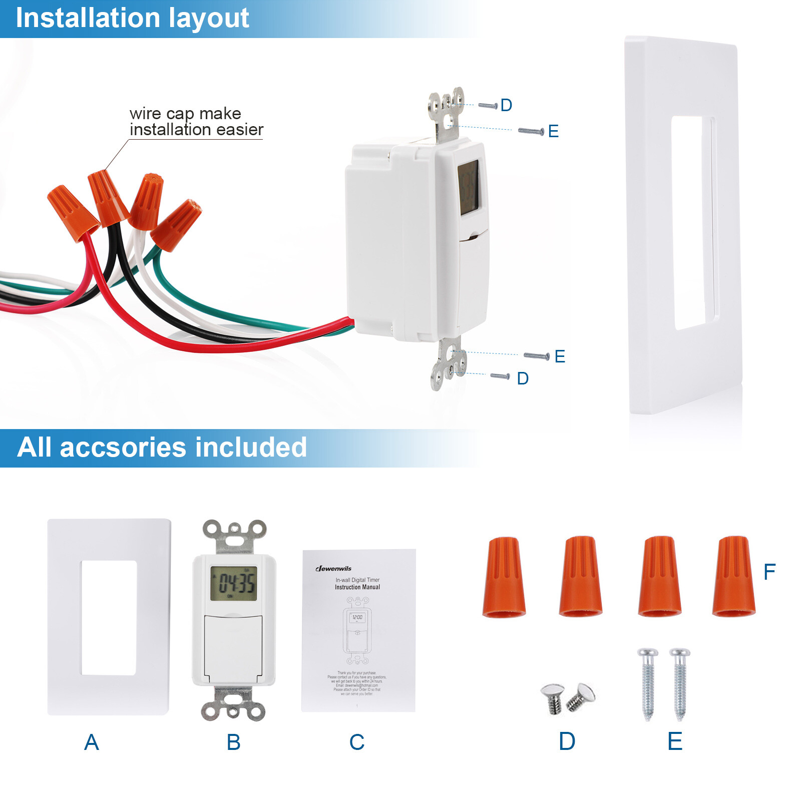 DEWENWILS Indoor in Wall Timer Switch for Lights,Fans,7 Day 7 ON/Off Settings