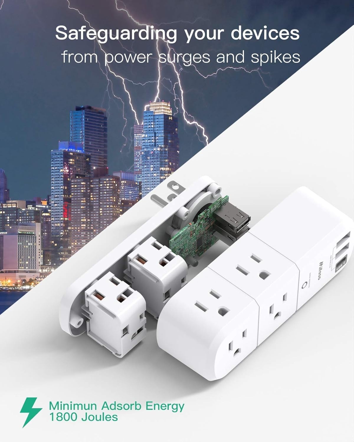 1800 Joules USB Outlet Extender with 6 AC Outlets & 3 USB Ports, Travel Friendly