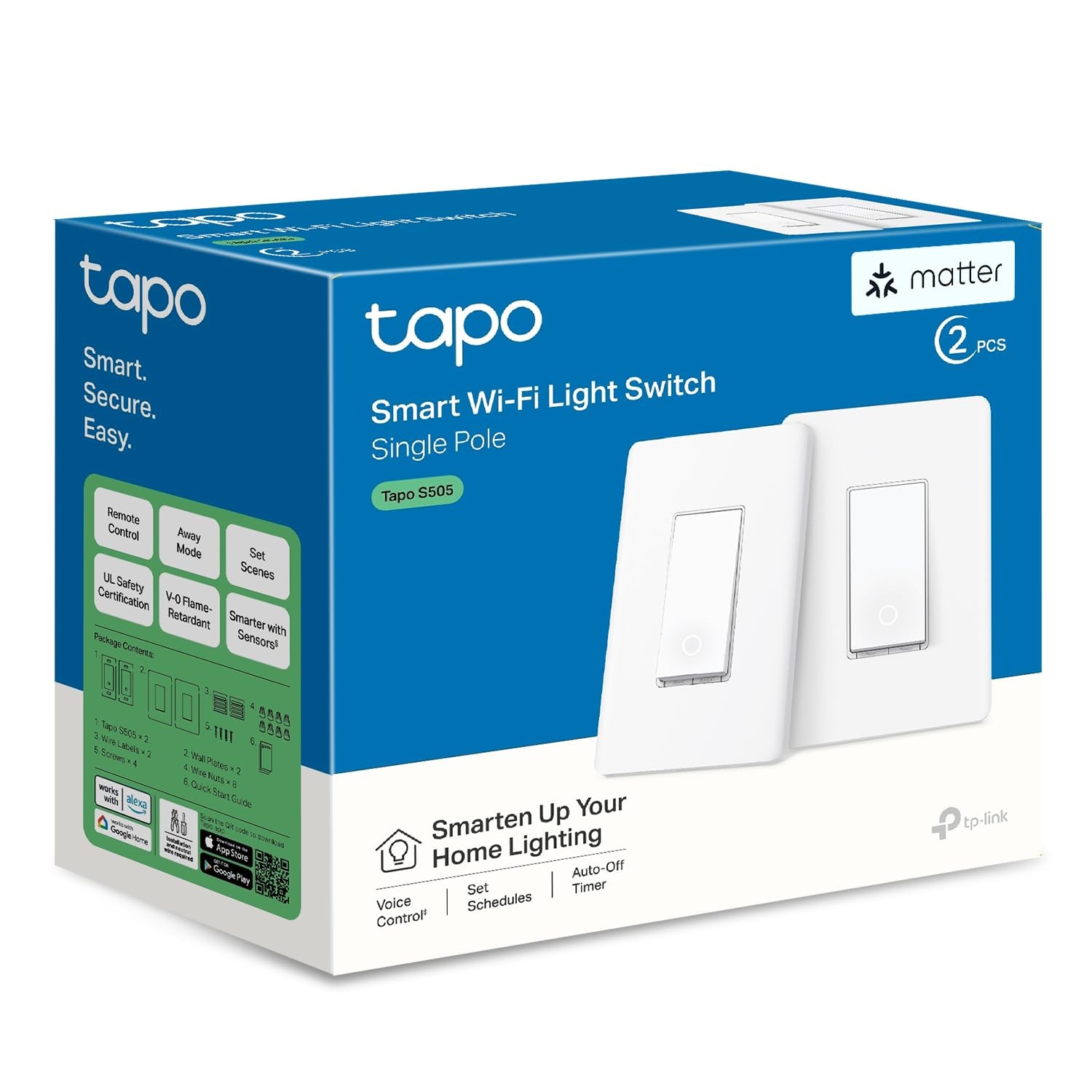 TP-Link Tapo Matter Smart Light Switch: Voice Control w/Siri, 2-Pack, White
